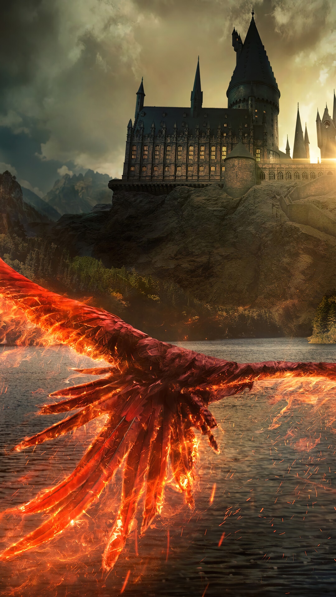 Phoenix flying over lake in front of Hogwarts HD Phone Wallpaper