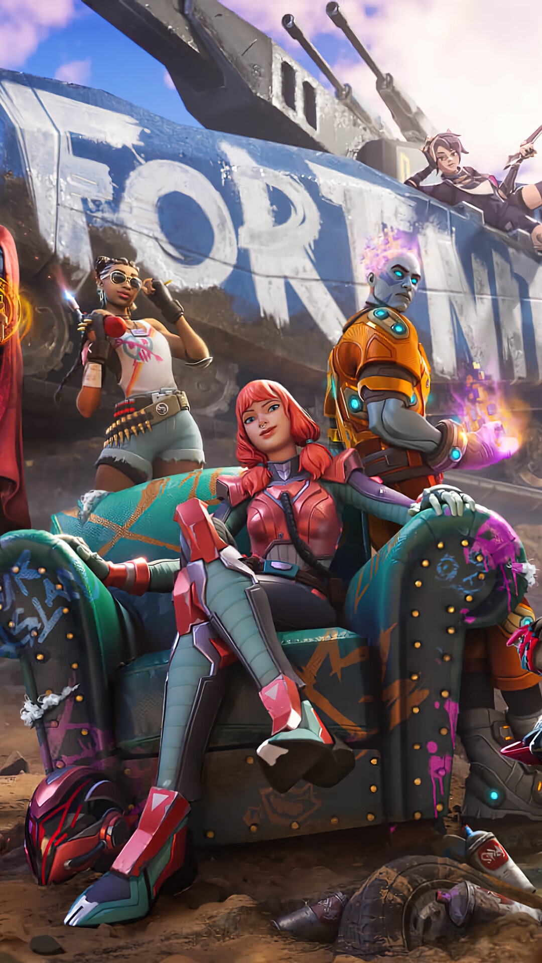 Fortnite characters on a destroyed vehicle HD Phone Wallpaper