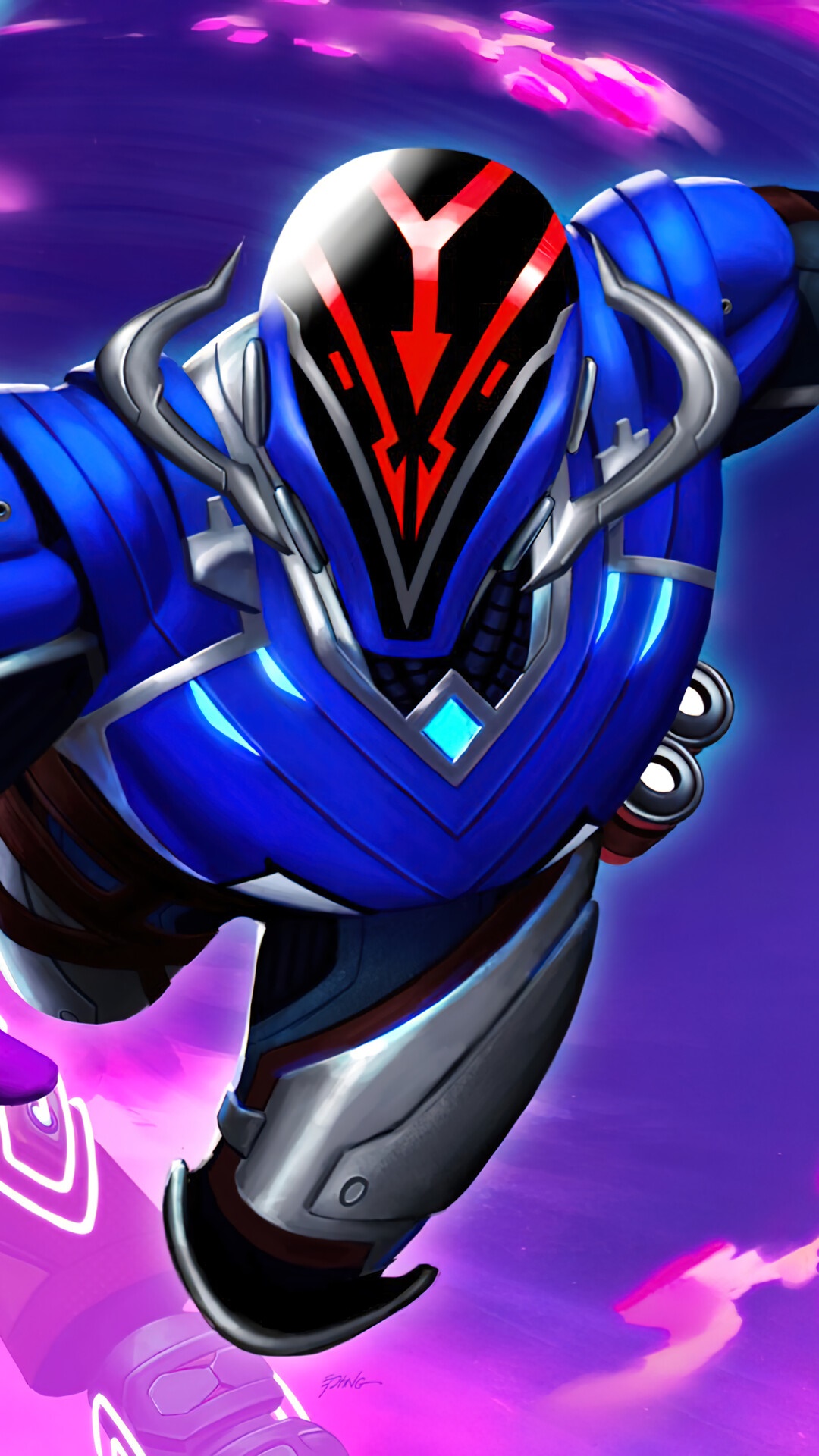 Fortnite character in blue armor with red markings HD Phone Wallpaper