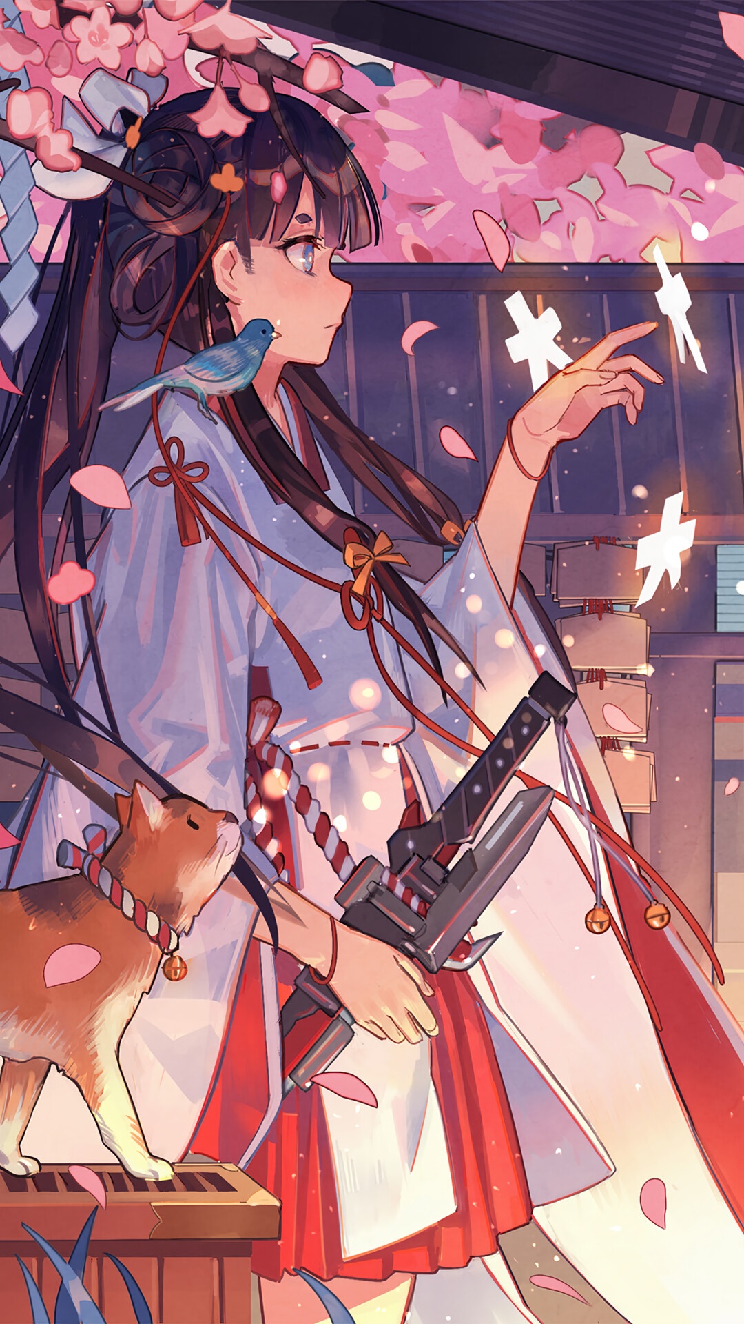 Anime girl in kimono with cat and bird HD Phone Wallpaper