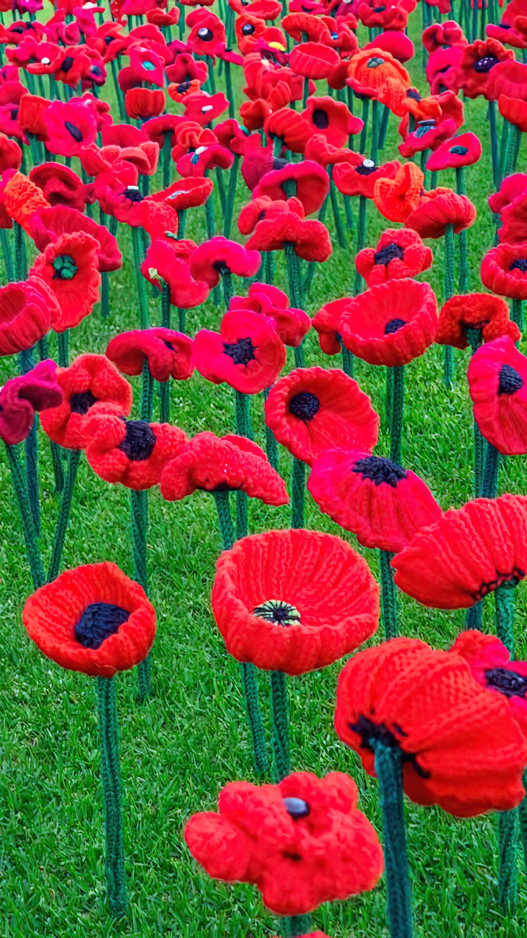 Knitted red poppies in a field of green grass HD Phone Wallpaper