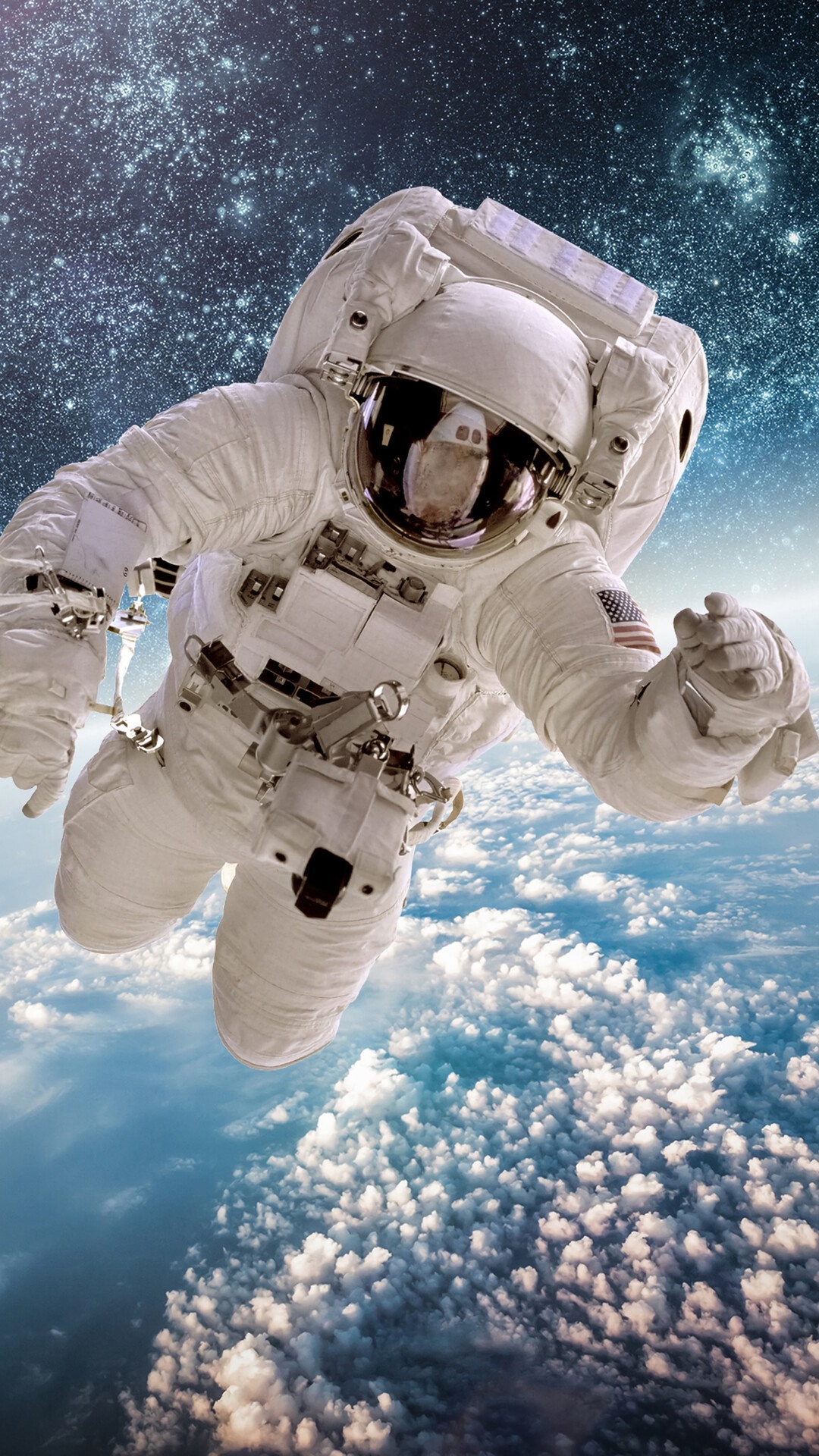 Astronaut floating above Earth with stars in background HD Phone Wallpaper