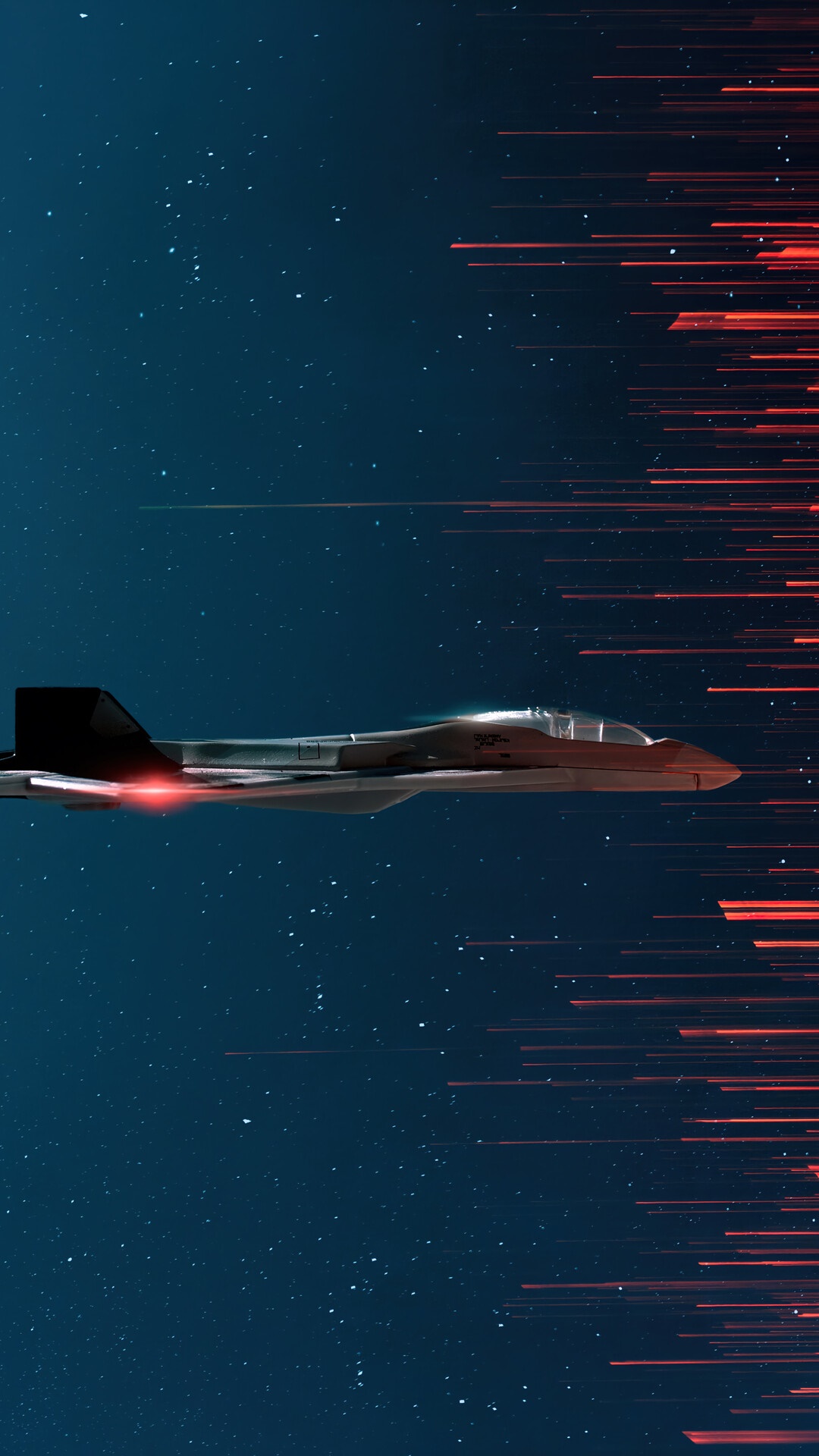 Fighter jet flying through starry sky with red streaks HD Phone Wallpaper
