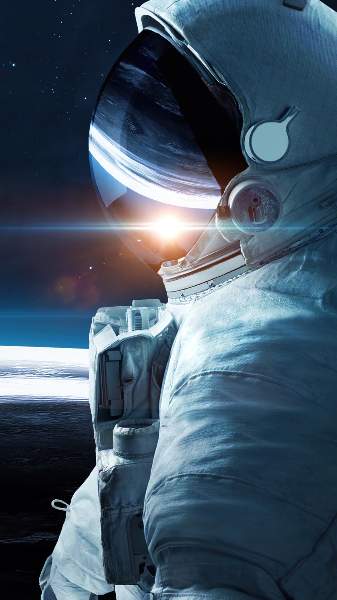 Astronaut in space with sun and planet HD Phone Wallpaper