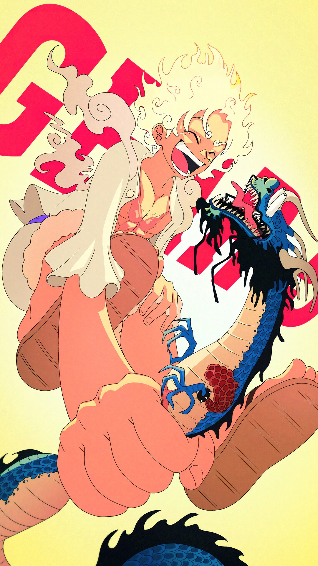 Monkey D. Luffy in Gear 5 from One Piece fighting a dragon HD Phone Wallpaper