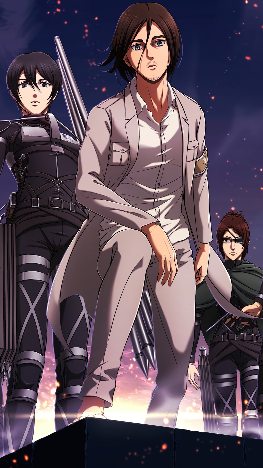 Eren Yeager, Mikasa Ackerman, and Hange Zoë from Attack on Titan HD Phone Wallpaper