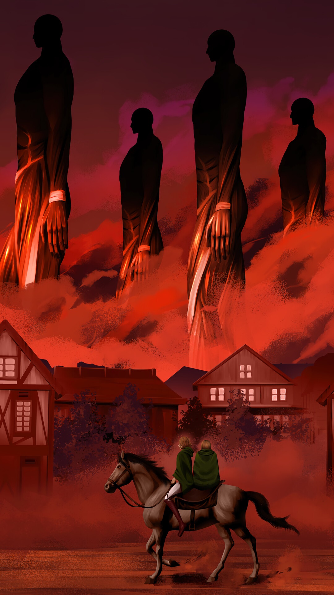 Attack on Titan: Titans loom over a village with riders HD Phone Wallpaper