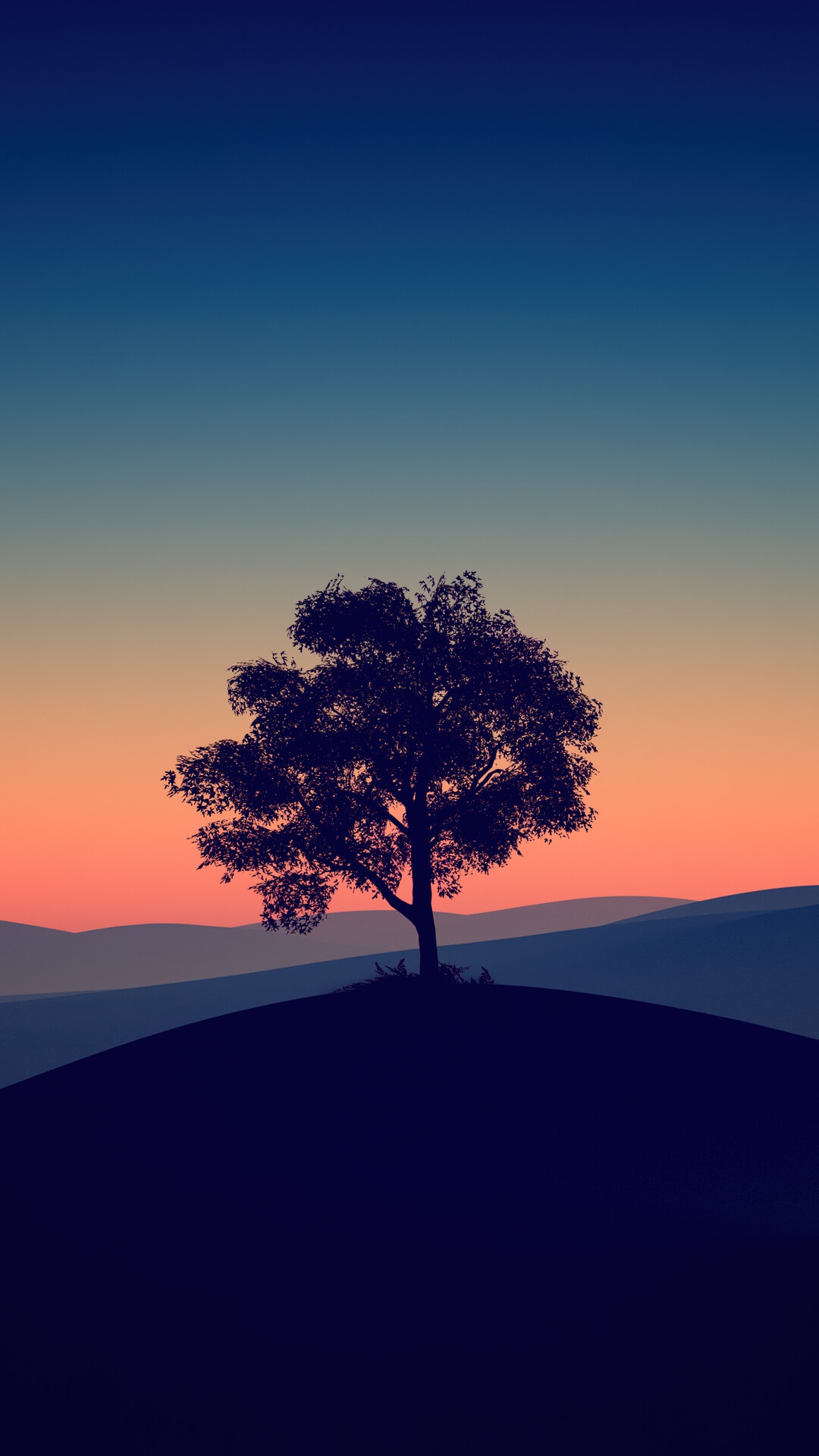 Silhouette of a tree on a hill at sunset HD Phone Wallpaper