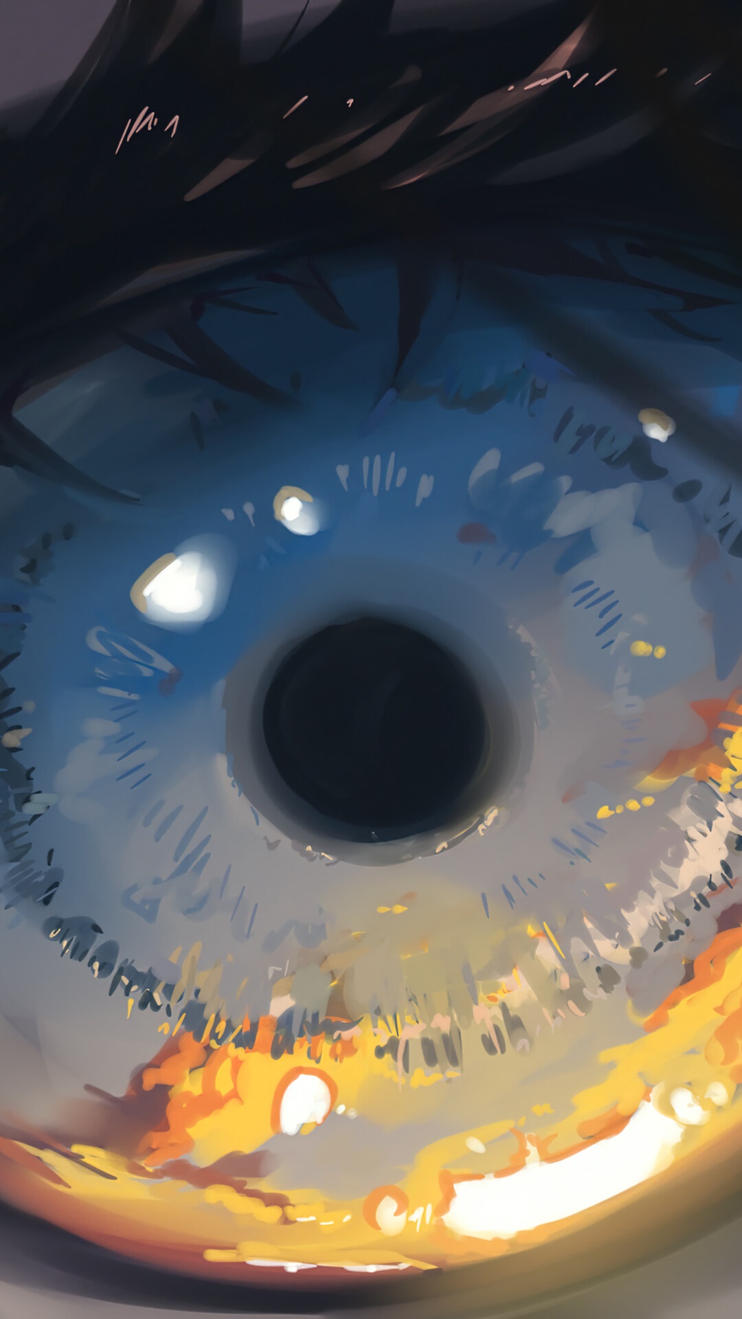 Close-up of an anime eye reflecting a sunset HD Phone Wallpaper