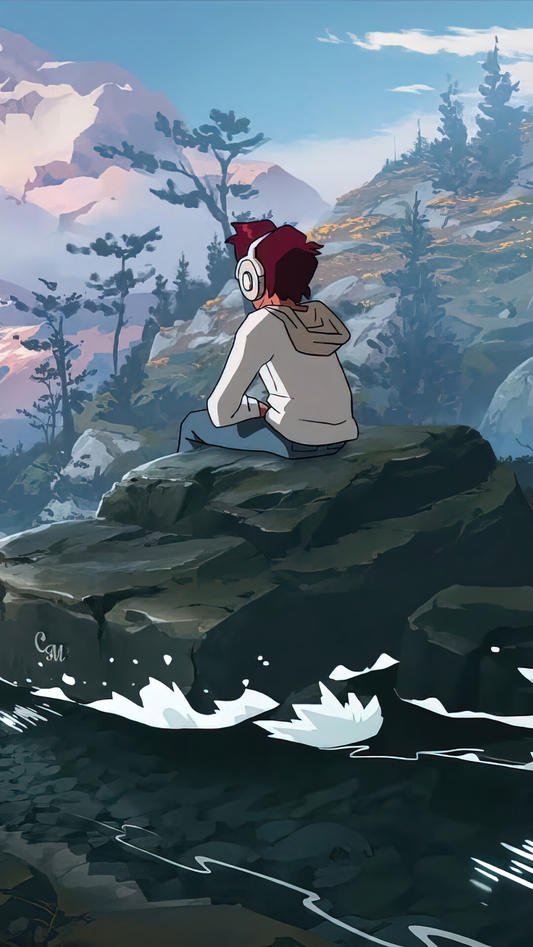 Anime boy with headphones sitting by a mountain river HD Phone Wallpaper