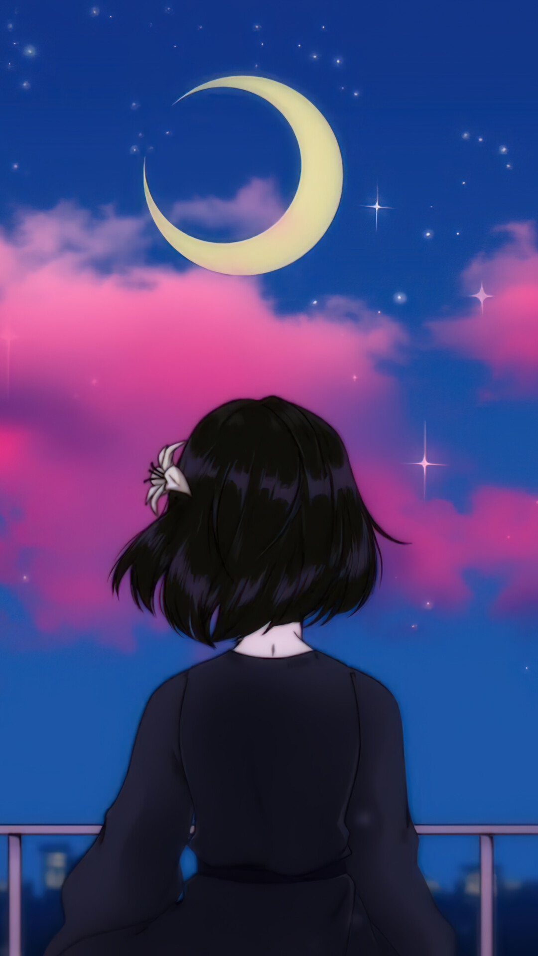 Anime girl looking at the moon and stars HD Phone Wallpaper