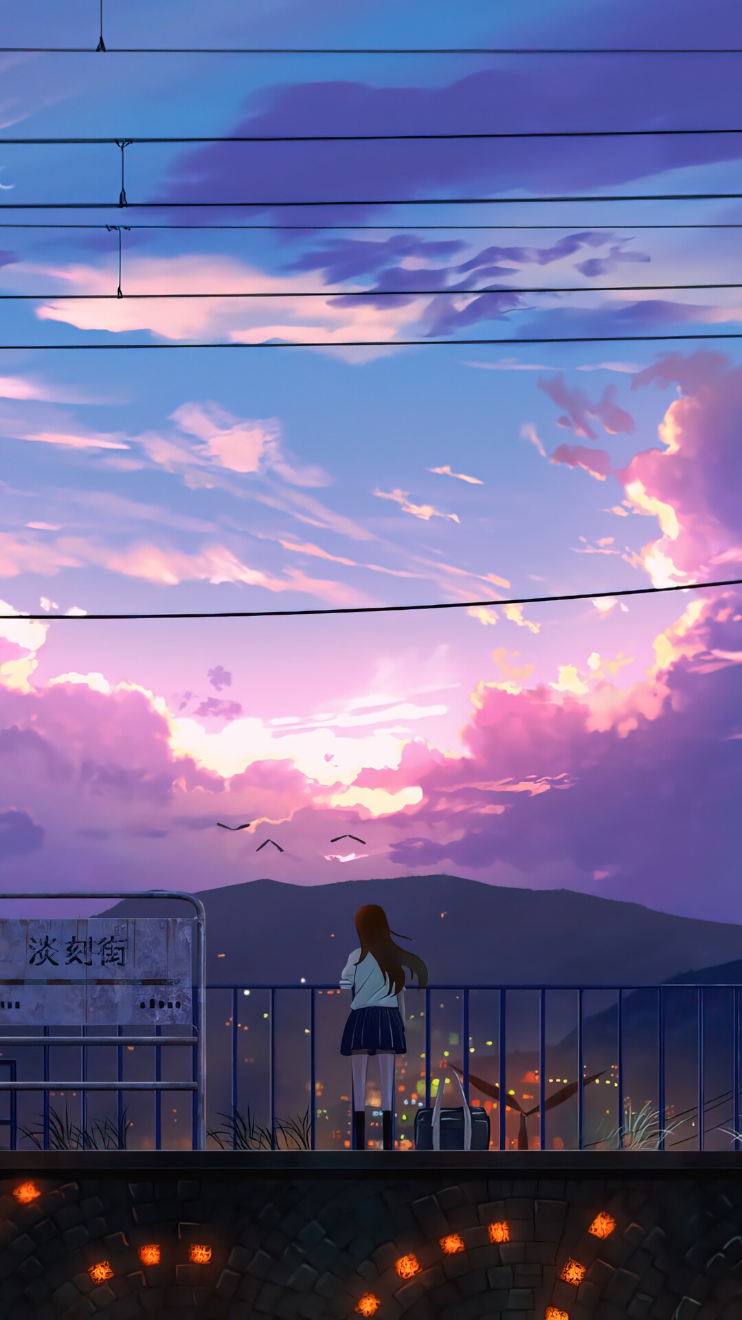 Anime girl watching sunset over city and mountains HD Phone Wallpaper