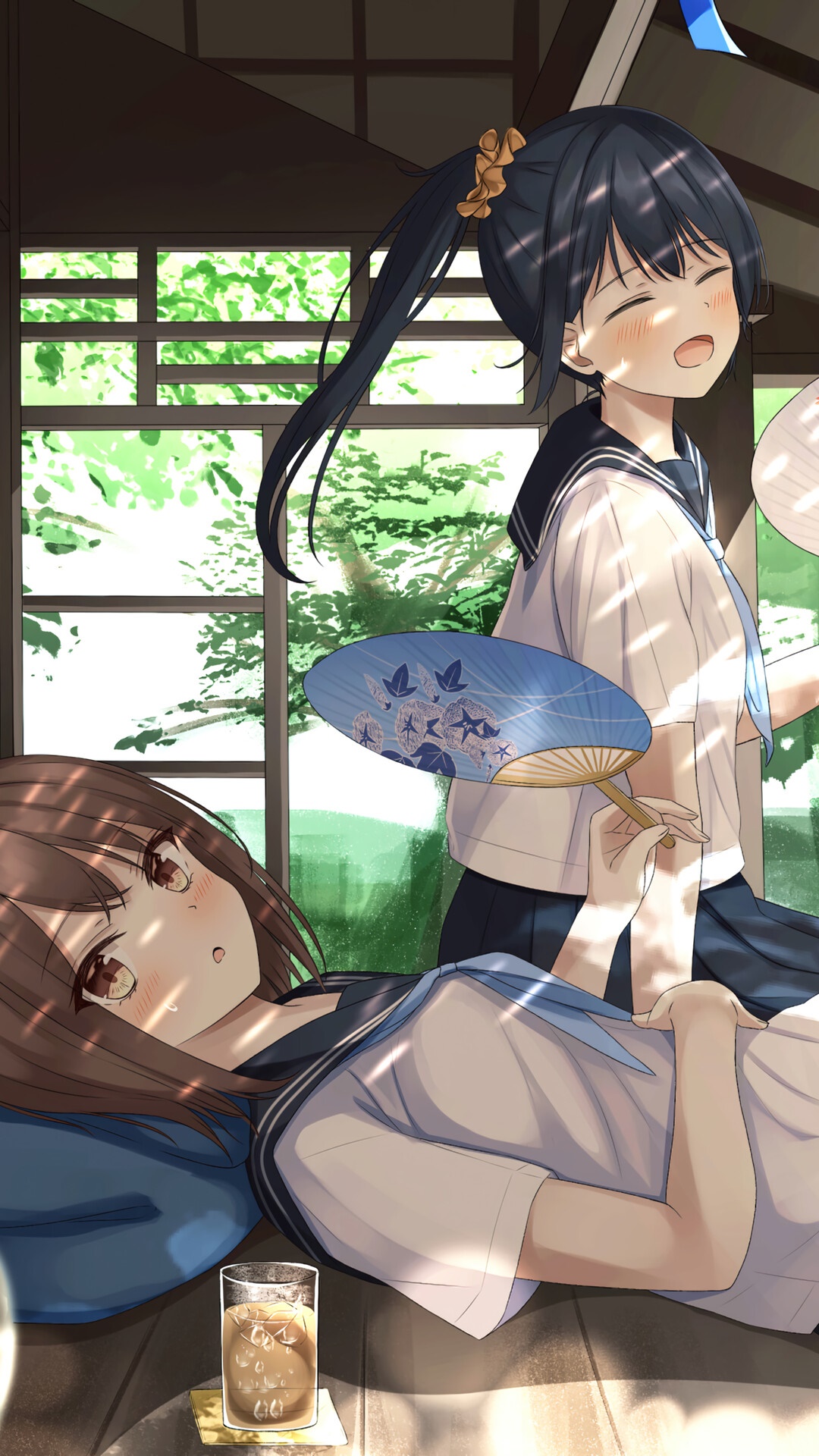 Anime Girls in School Uniforms Enjoying Summer HD Phone Wallpaper