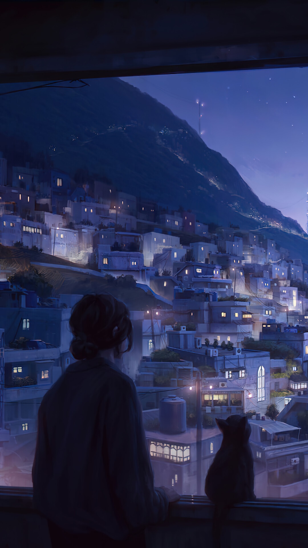 Girl and cat looking at a city at night HD Phone Wallpaper