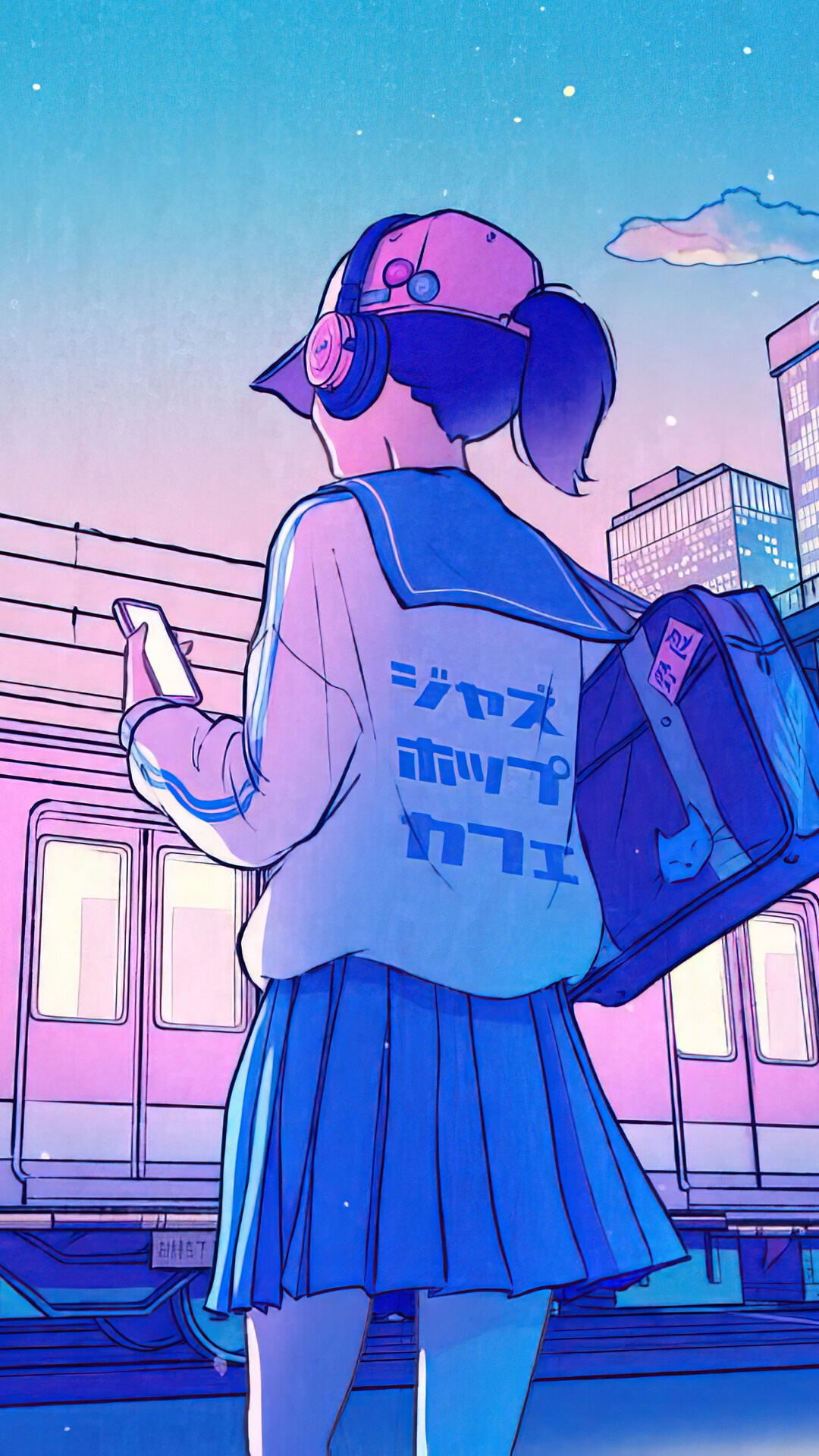 Anime girl with headphones and backpack at train station HD Phone Wallpaper