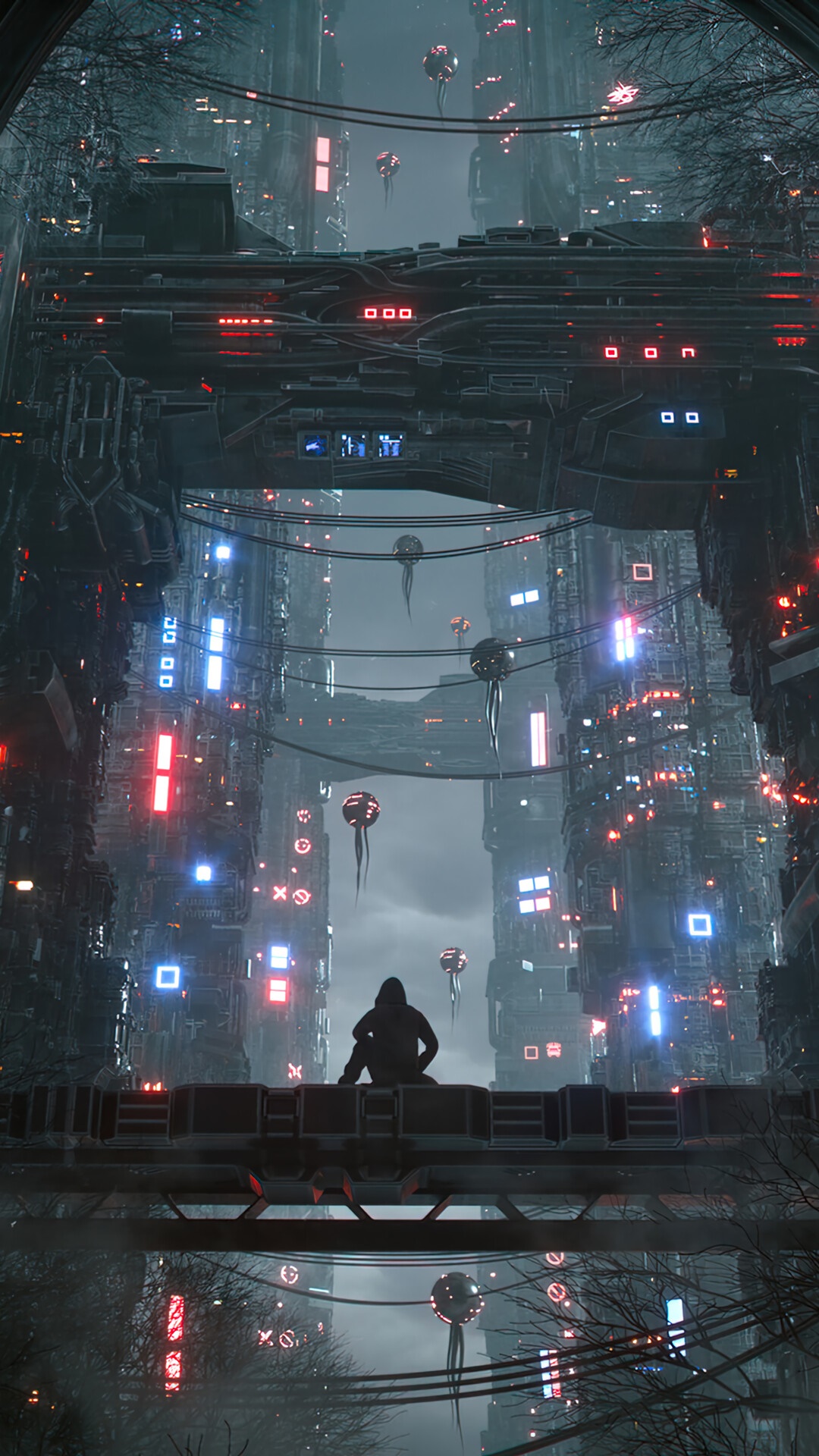Sci-Fi Cityscape with Flying Drones and a Lone Figure HD Phone Wallpaper