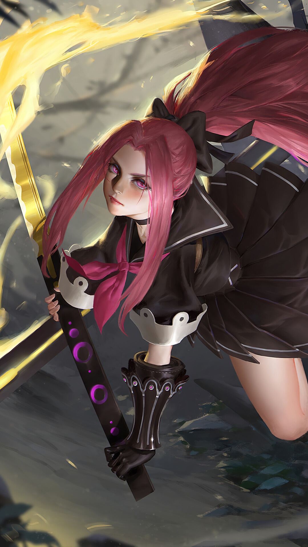 Anime girl with pink hair and sword HD Phone Wallpaper
