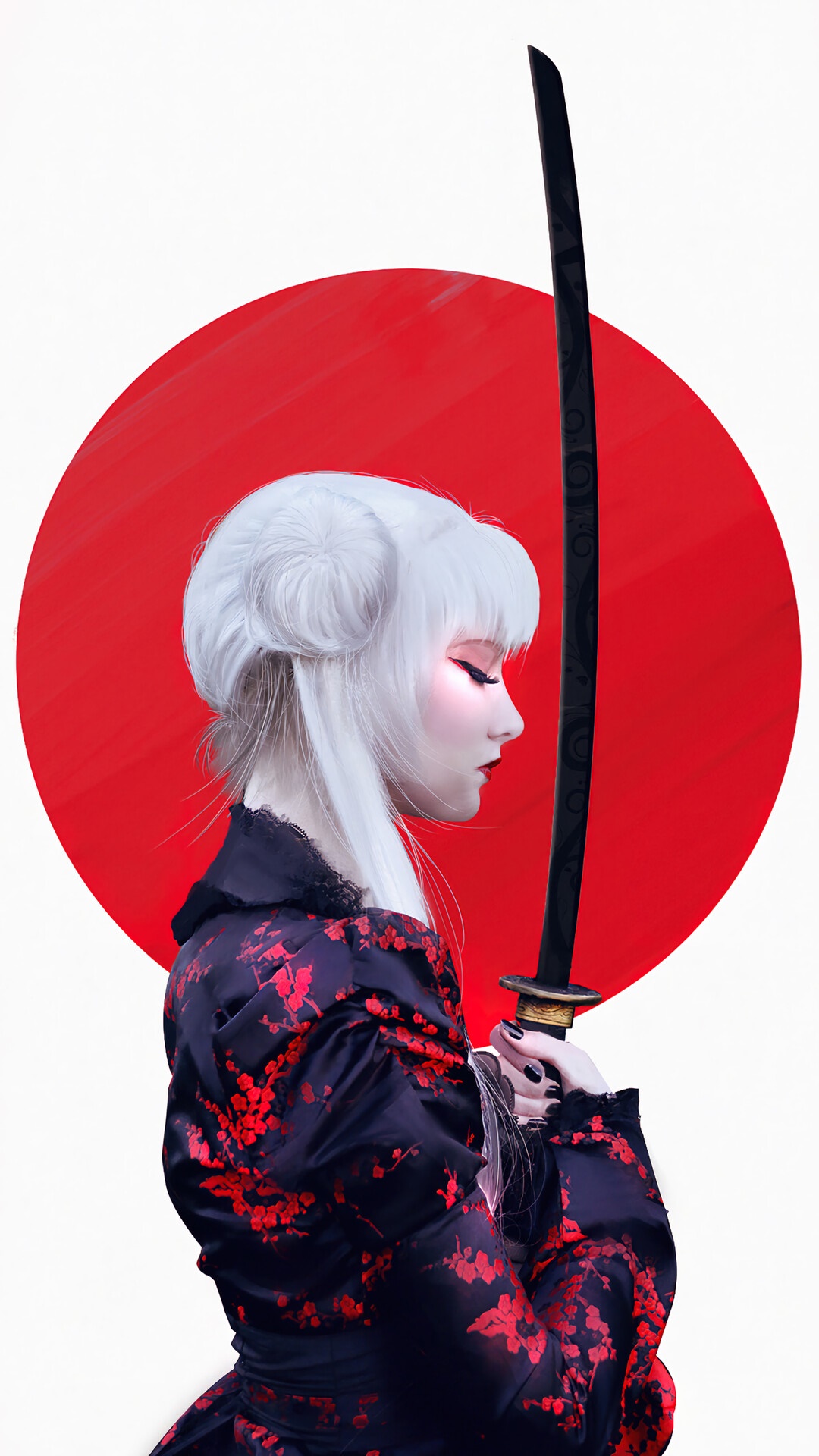 Girl in Kimono Holding Katana in Front of Japanese Sun HD Phone Wallpaper
