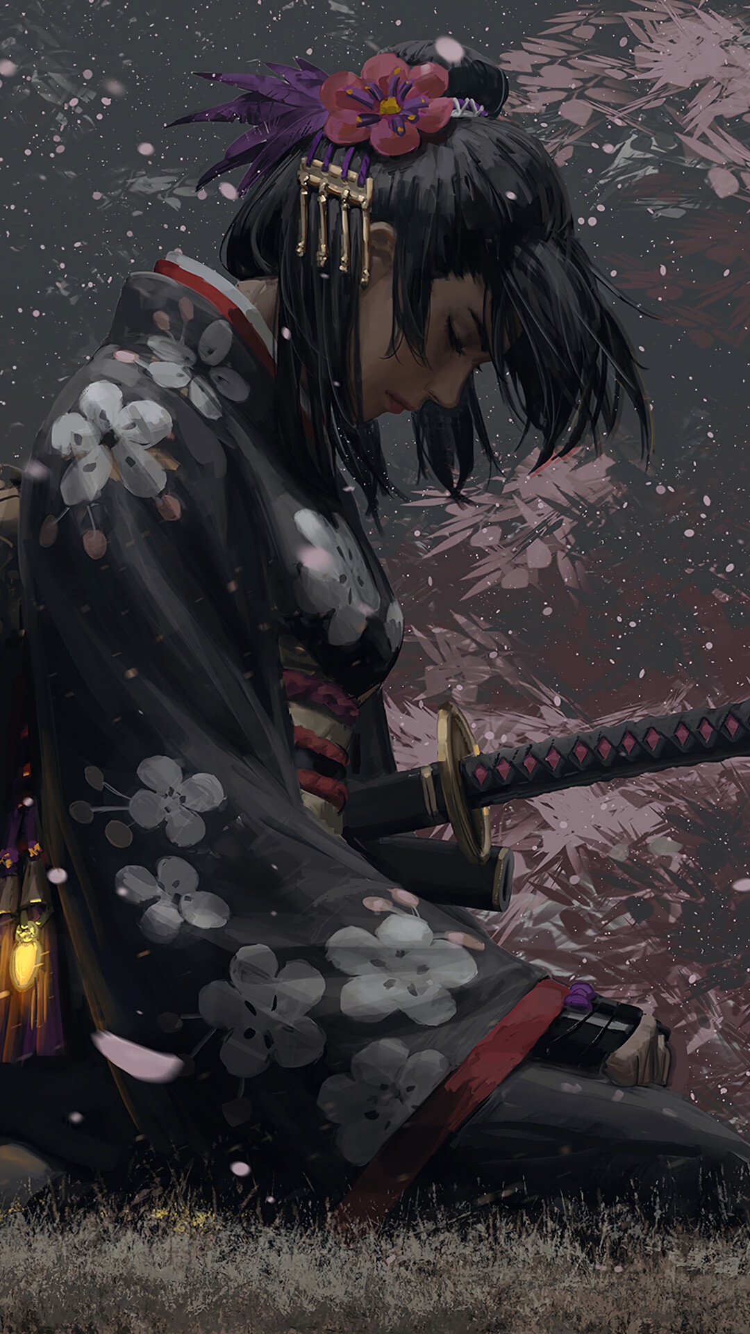 Samurai girl with katana in a snowy forest HD Phone Wallpaper