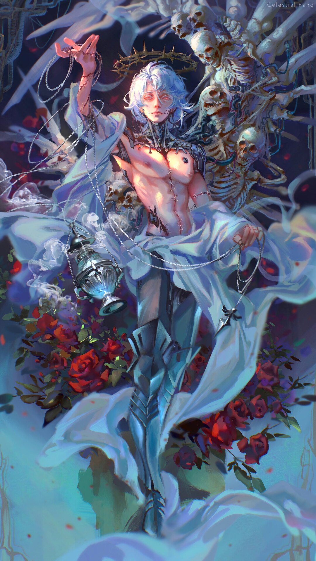 Fantasy Angel with Skulls and Roses HD Phone Wallpaper
