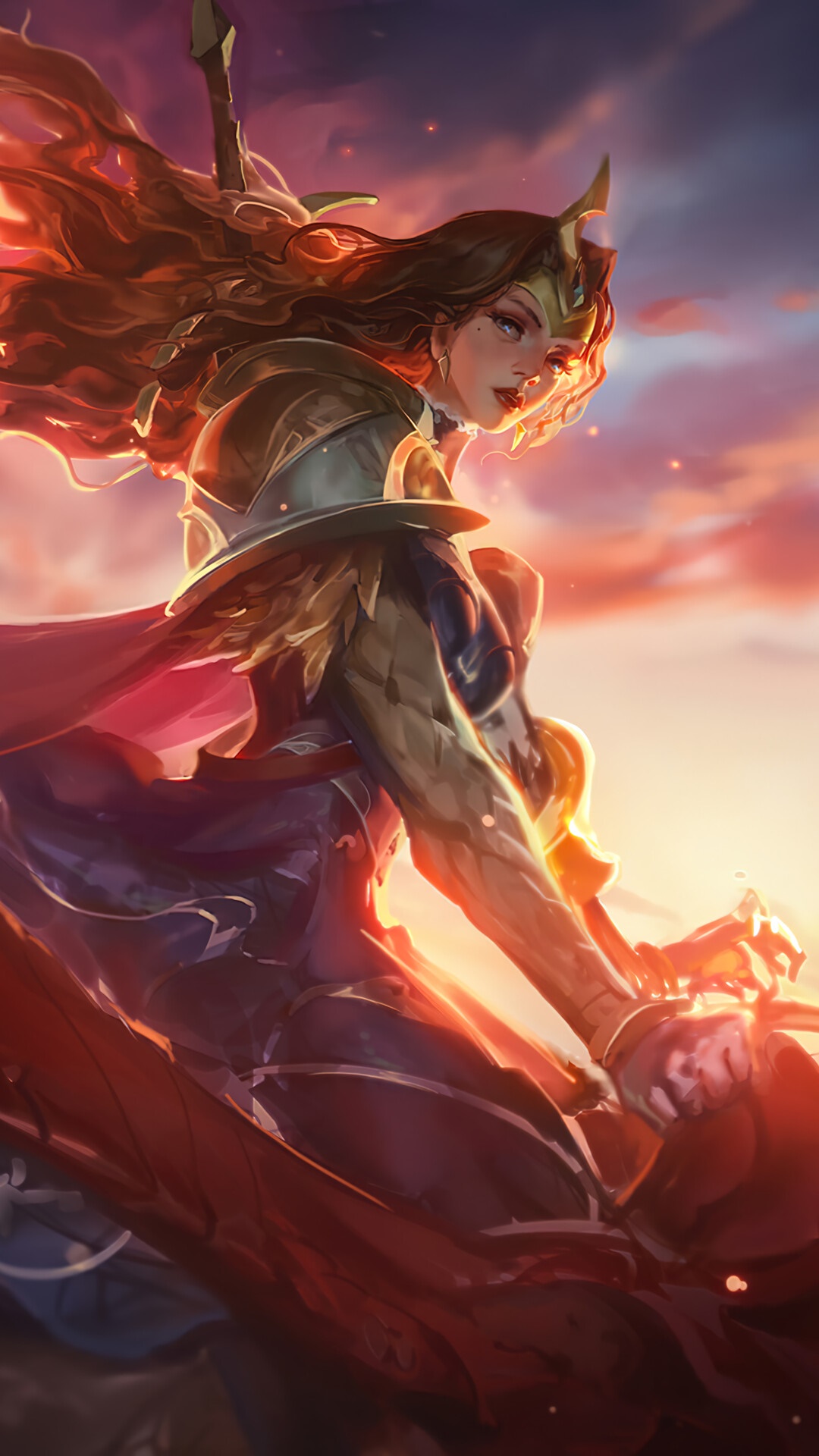 Warrior Woman in Armor with Red Cape at Sunset HD Phone Wallpaper
