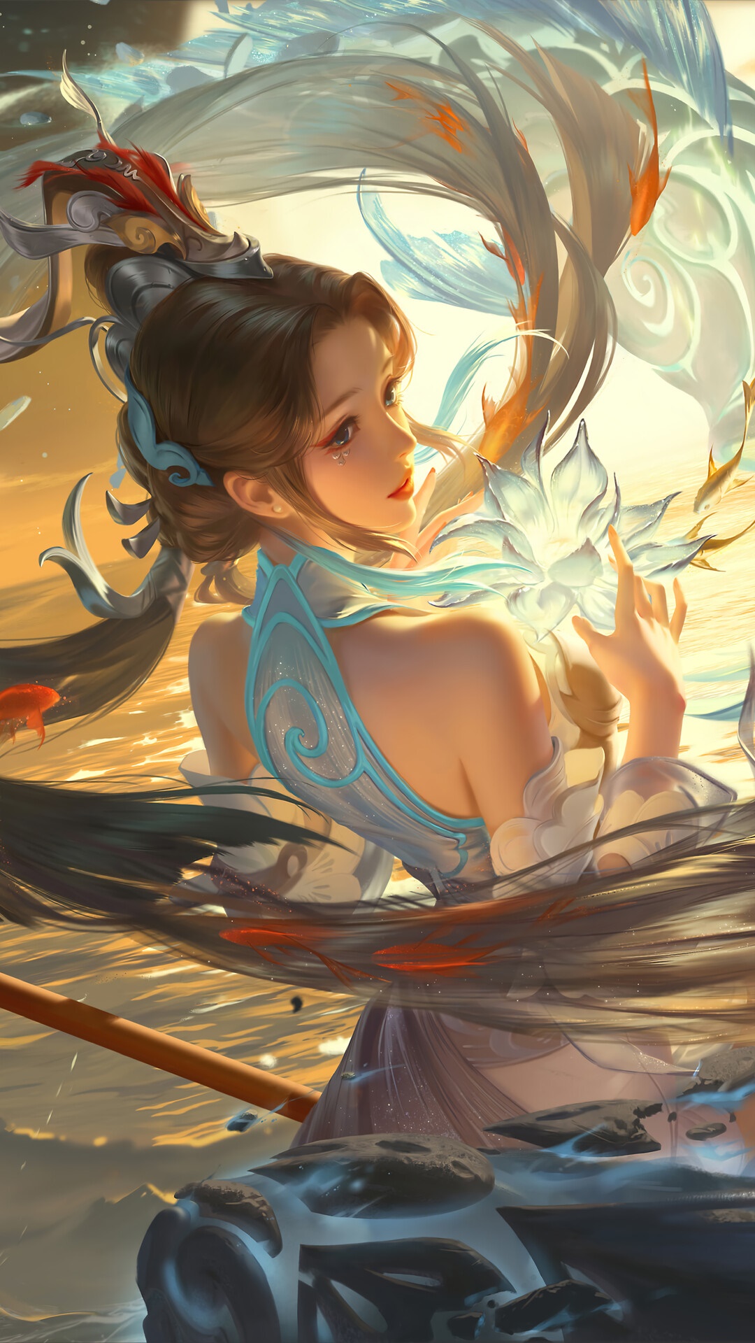 Fantasy girl with flowing hair and koi fish in water HD Phone Wallpaper