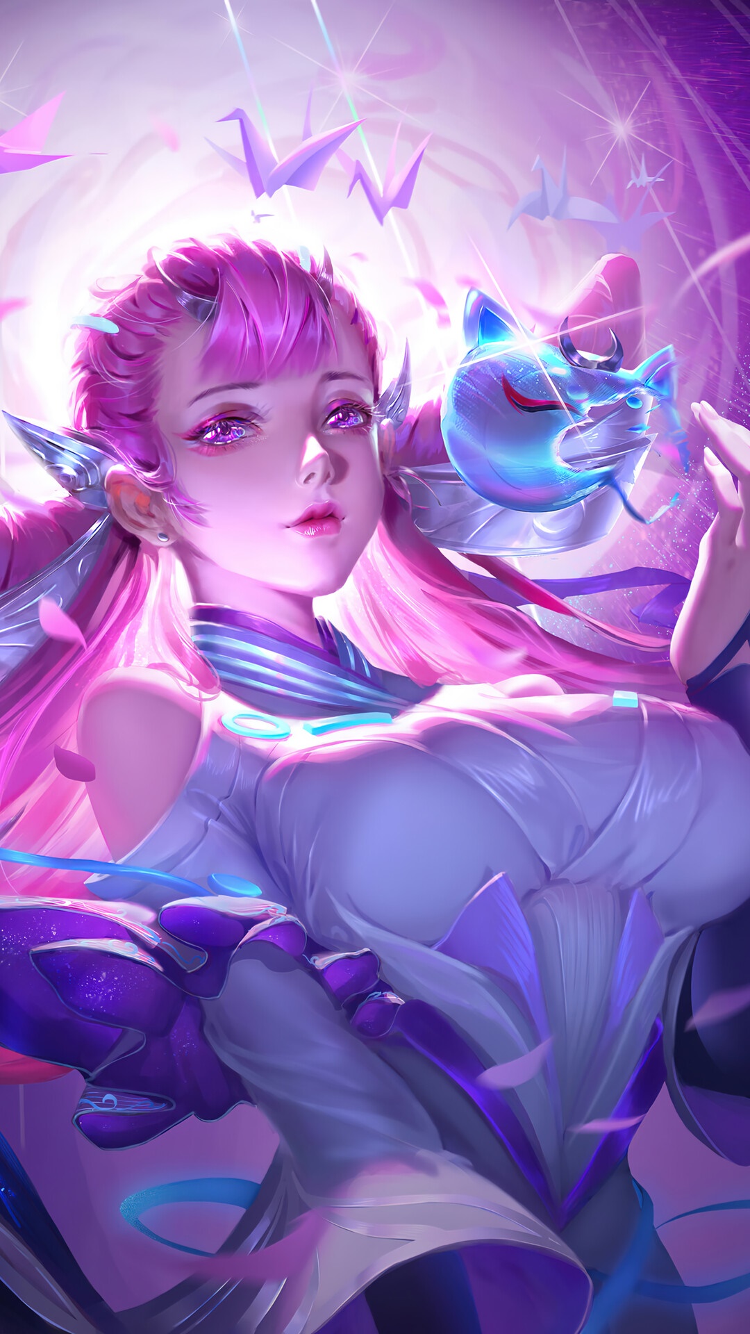 Anime Girl with Pink Hair and Fox Mask HD Phone Wallpaper
