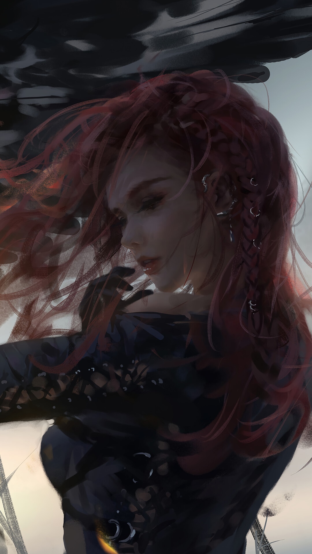 Woman with long red hair in black outfit HD Phone Wallpaper