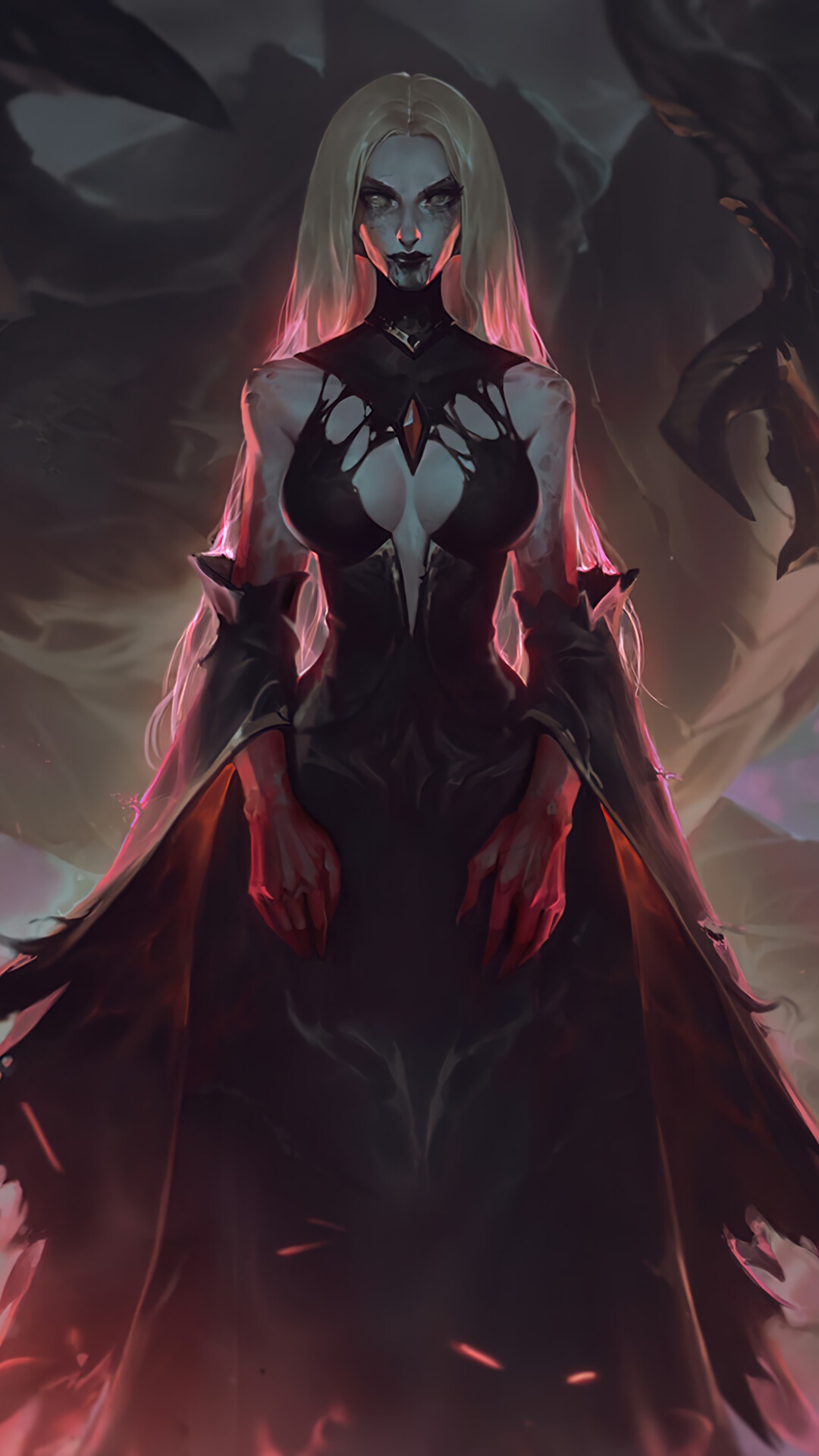 A pale woman in a black dress with red hands HD Phone Wallpaper