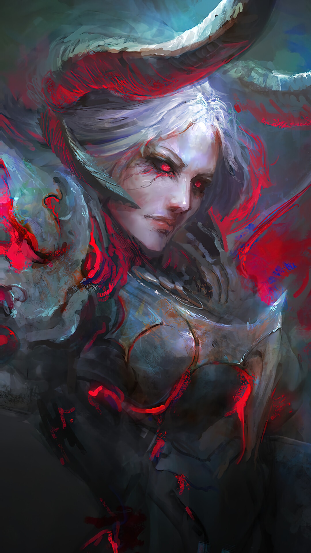 Demon warrior girl with red eyes and horns HD Phone Wallpaper