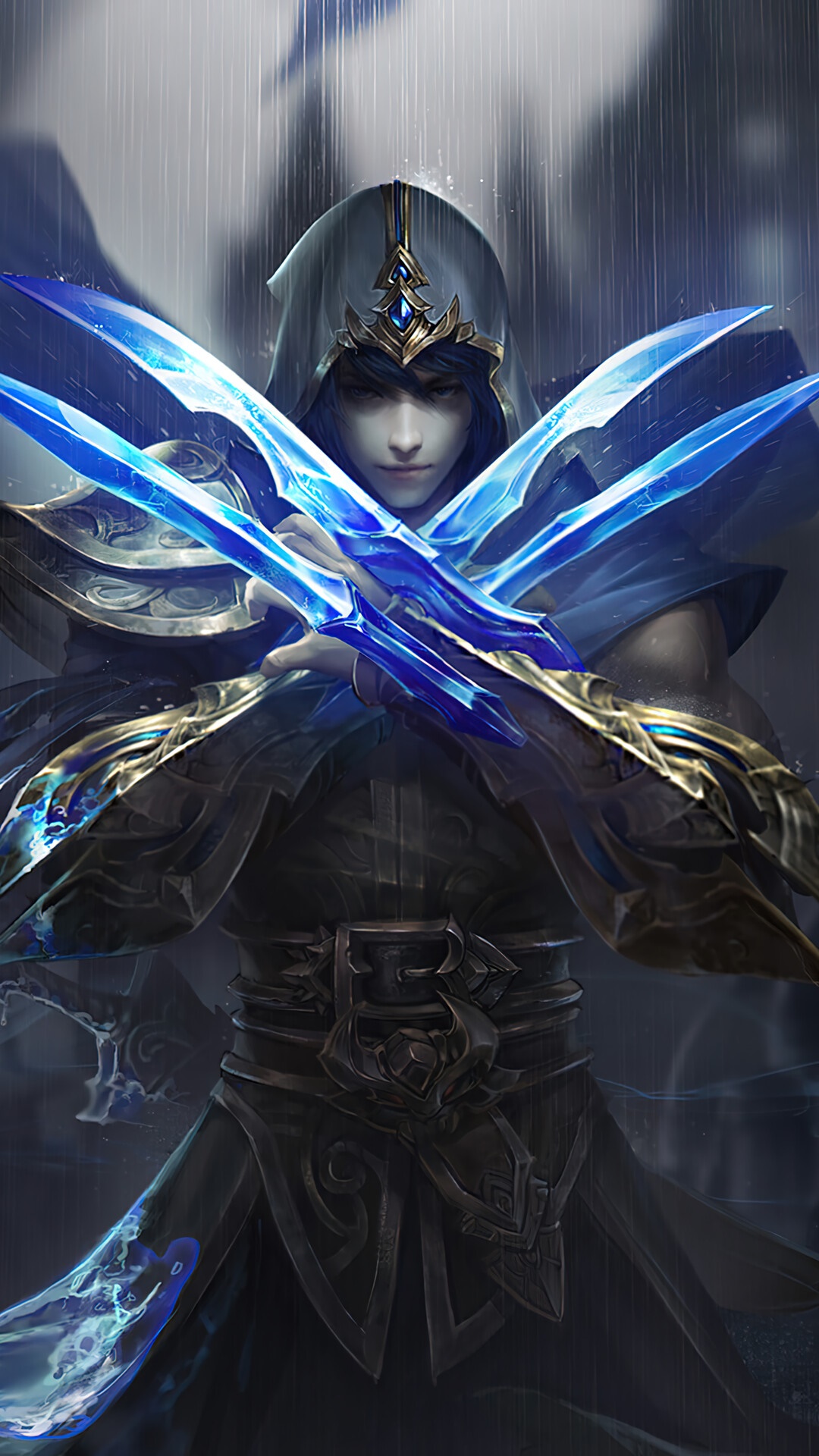 Fantasy assassin with glowing blue blades HD Phone Wallpaper