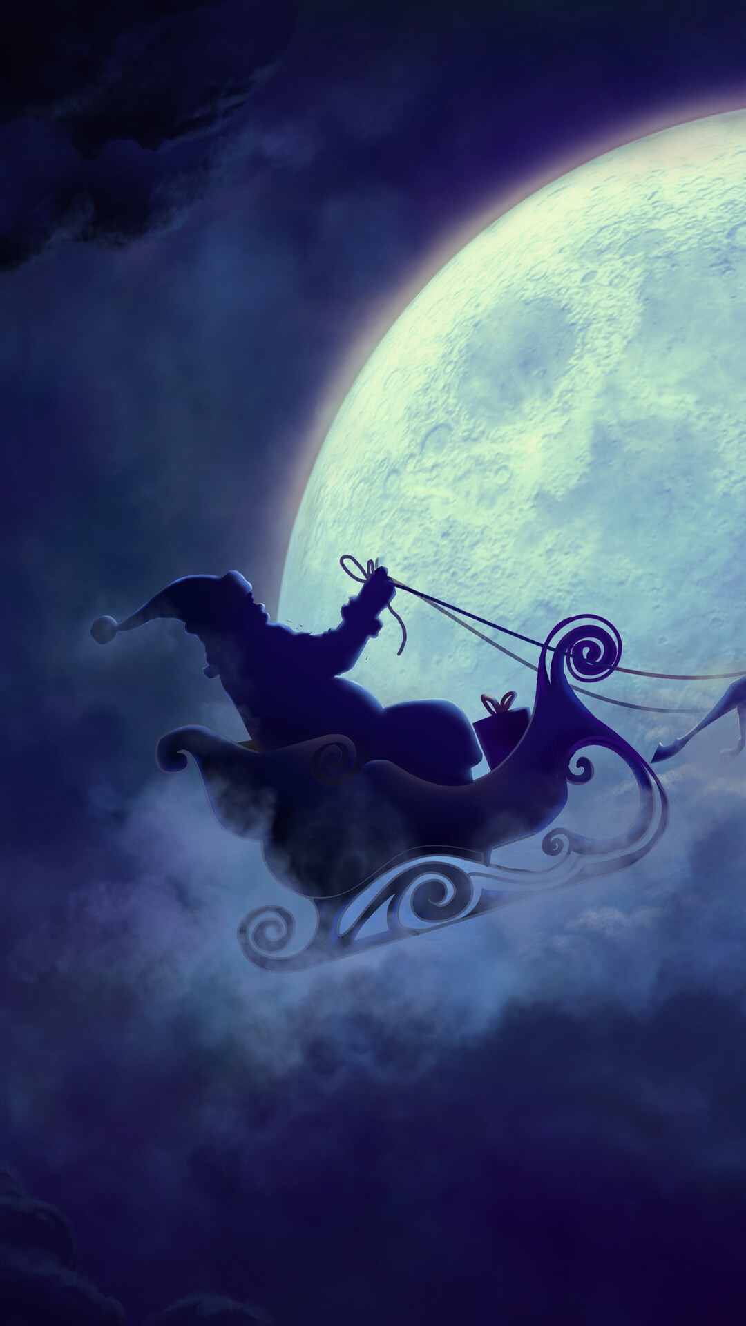 Santa Claus flying in a sleigh with a full moon HD Phone Wallpaper