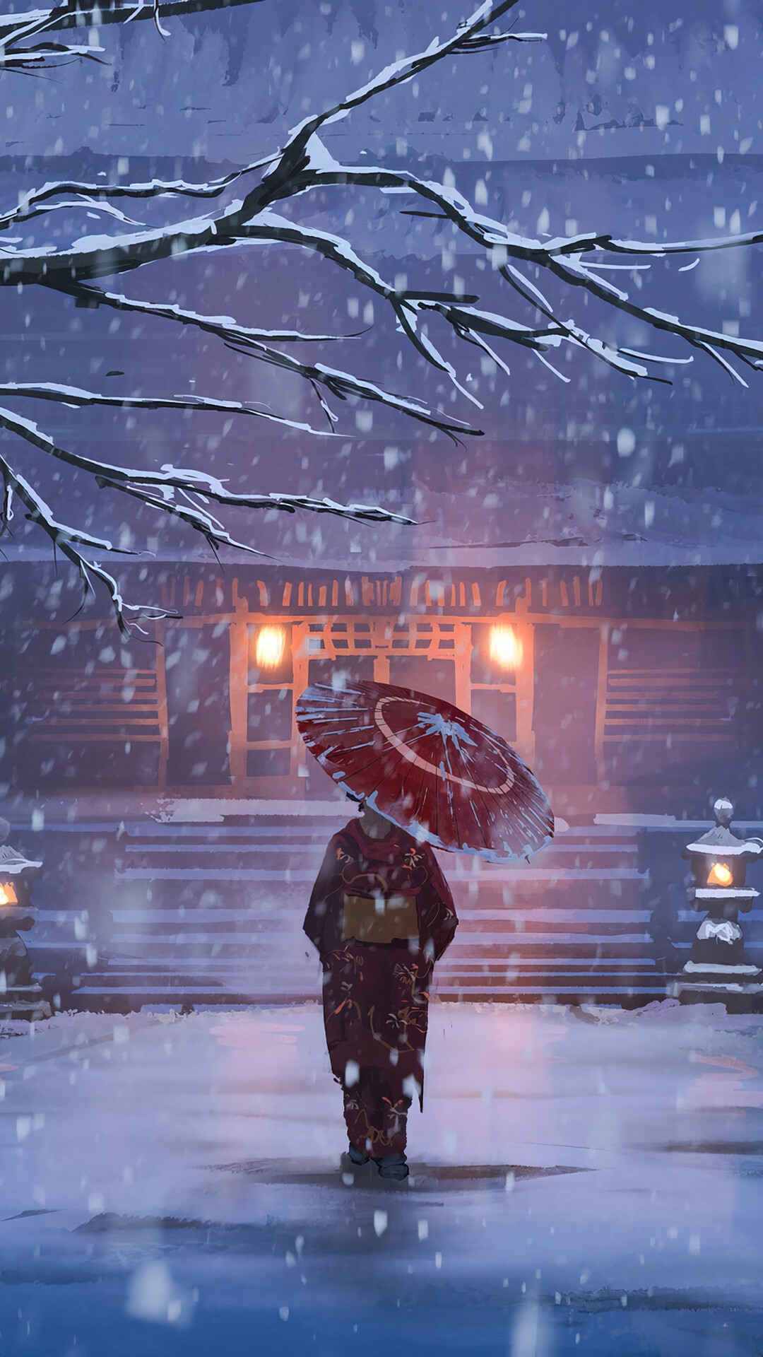 Anime girl in kimono with umbrella in snow HD Phone Wallpaper