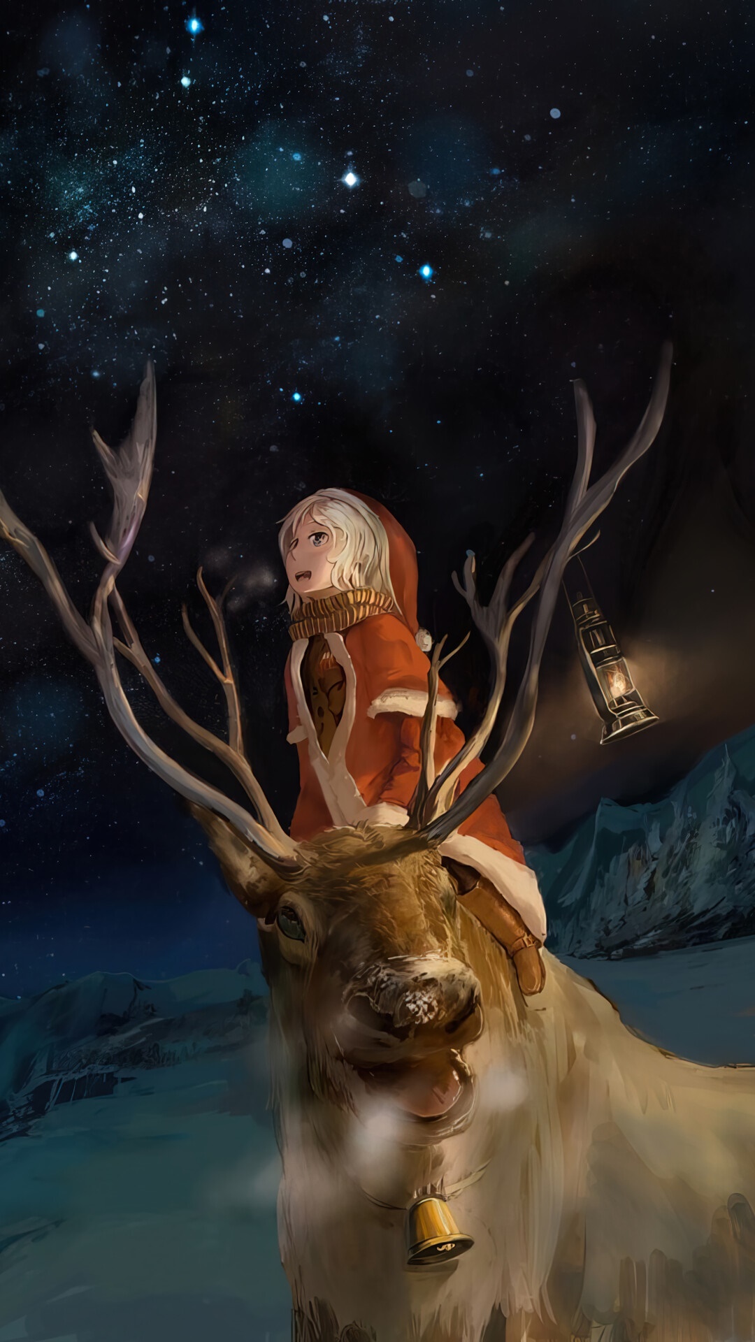 Anime girl riding a reindeer under the stars HD Phone Wallpaper