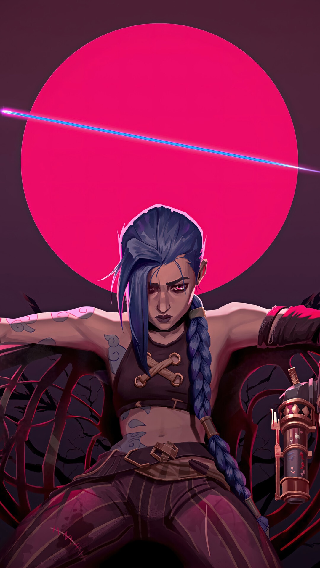 Jinx from Arcane with a pink circle background HD Phone Wallpaper