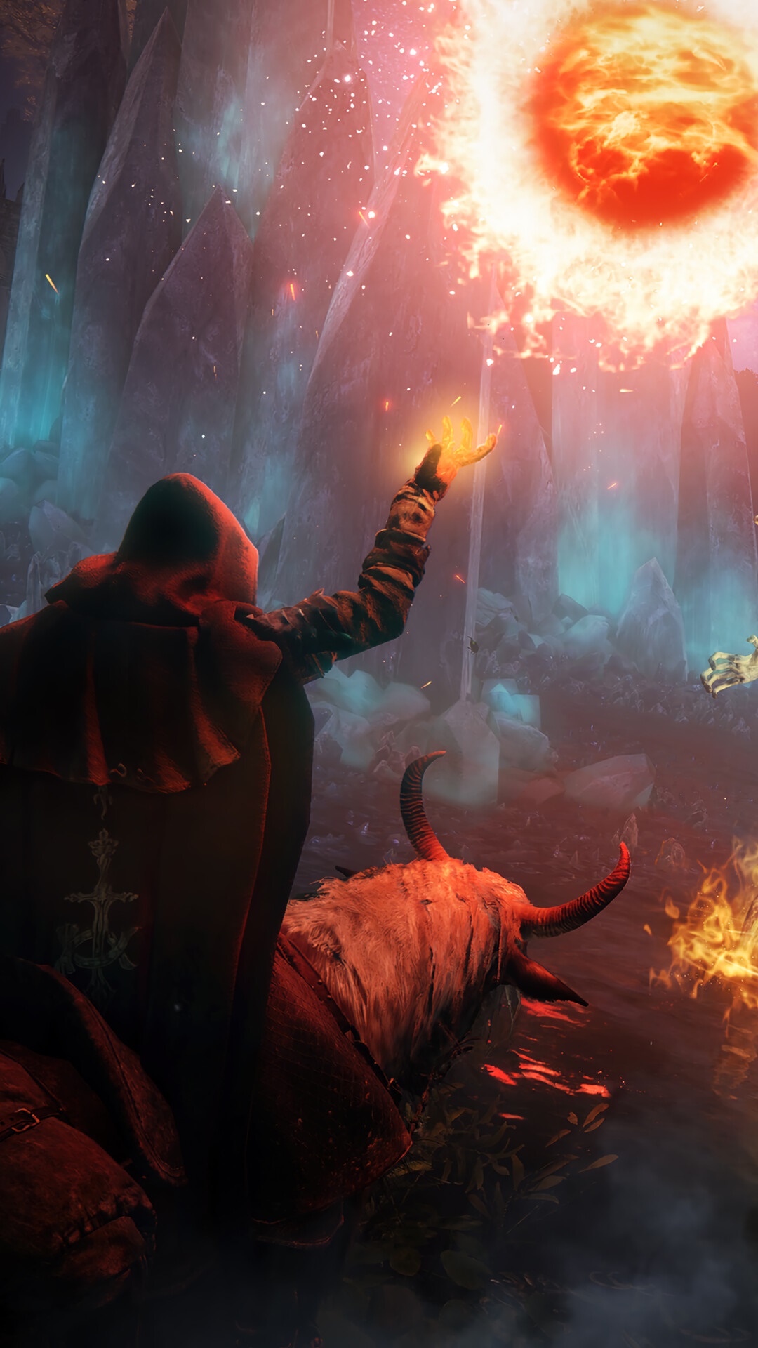 Elden Ring: Tarnished and Torrent facing a fiery orb HD Phone Wallpaper