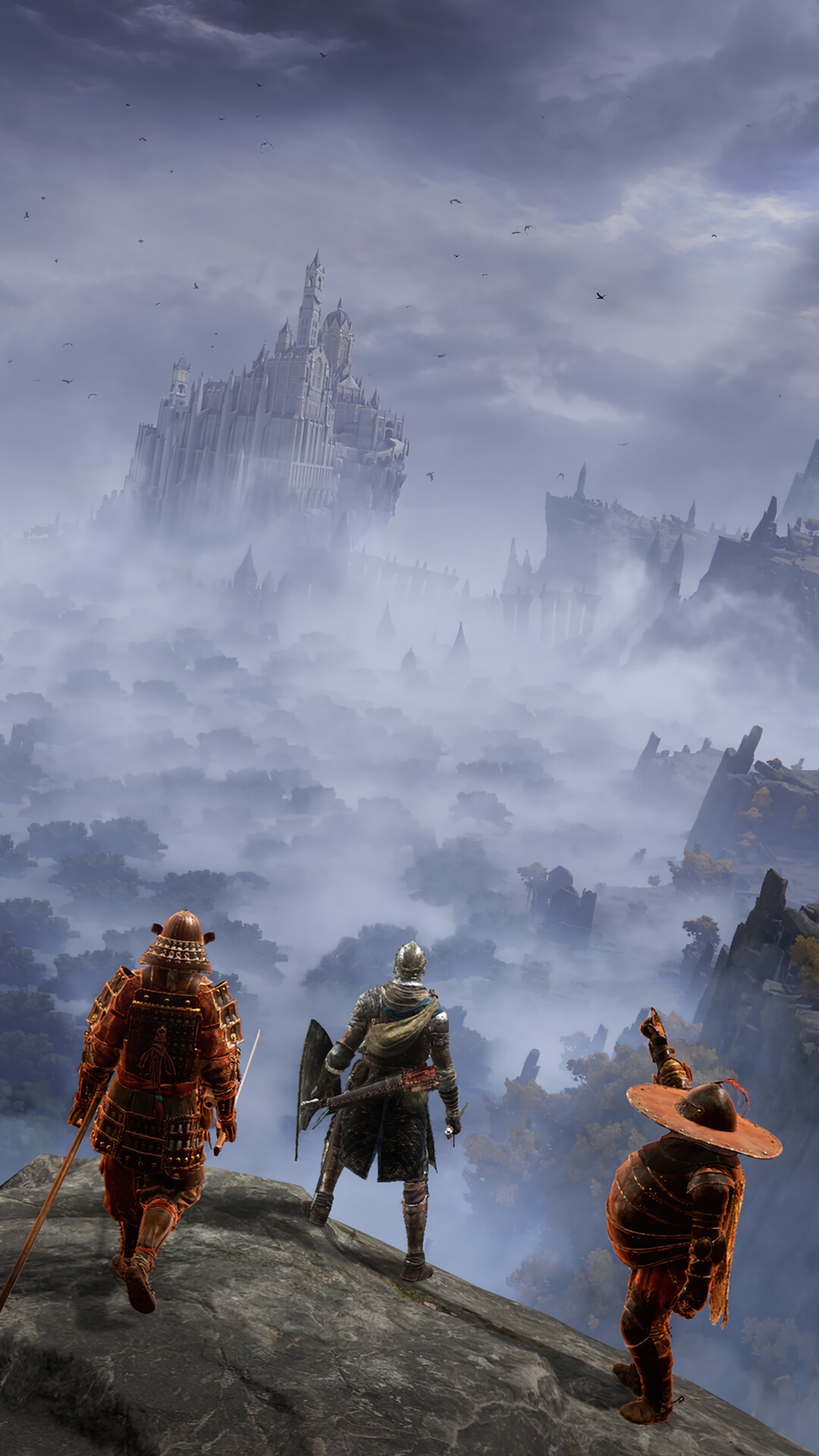 Elden Ring characters overlooking a misty landscape with a castle HD Phone Wallpaper