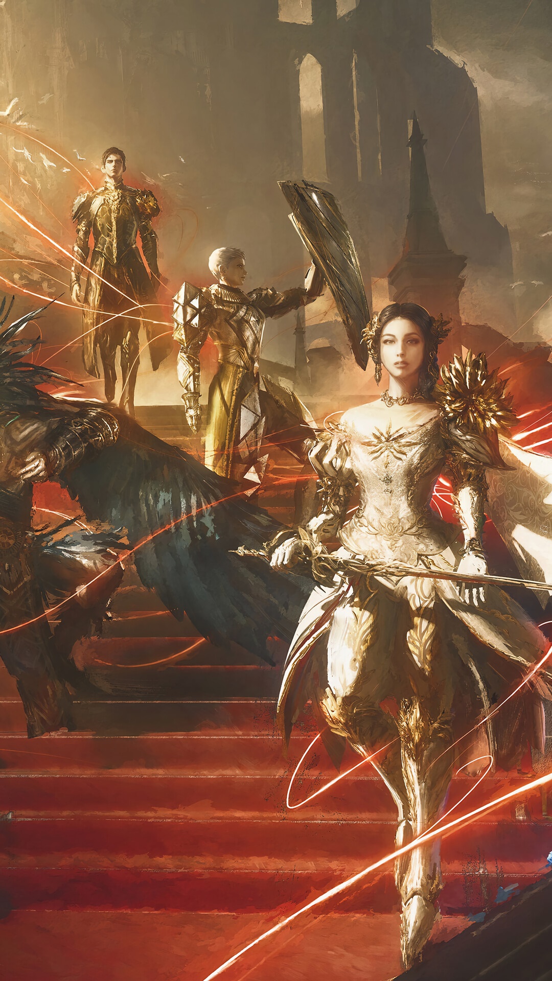 Babylon's Fall characters on red stairs HD Phone Wallpaper
