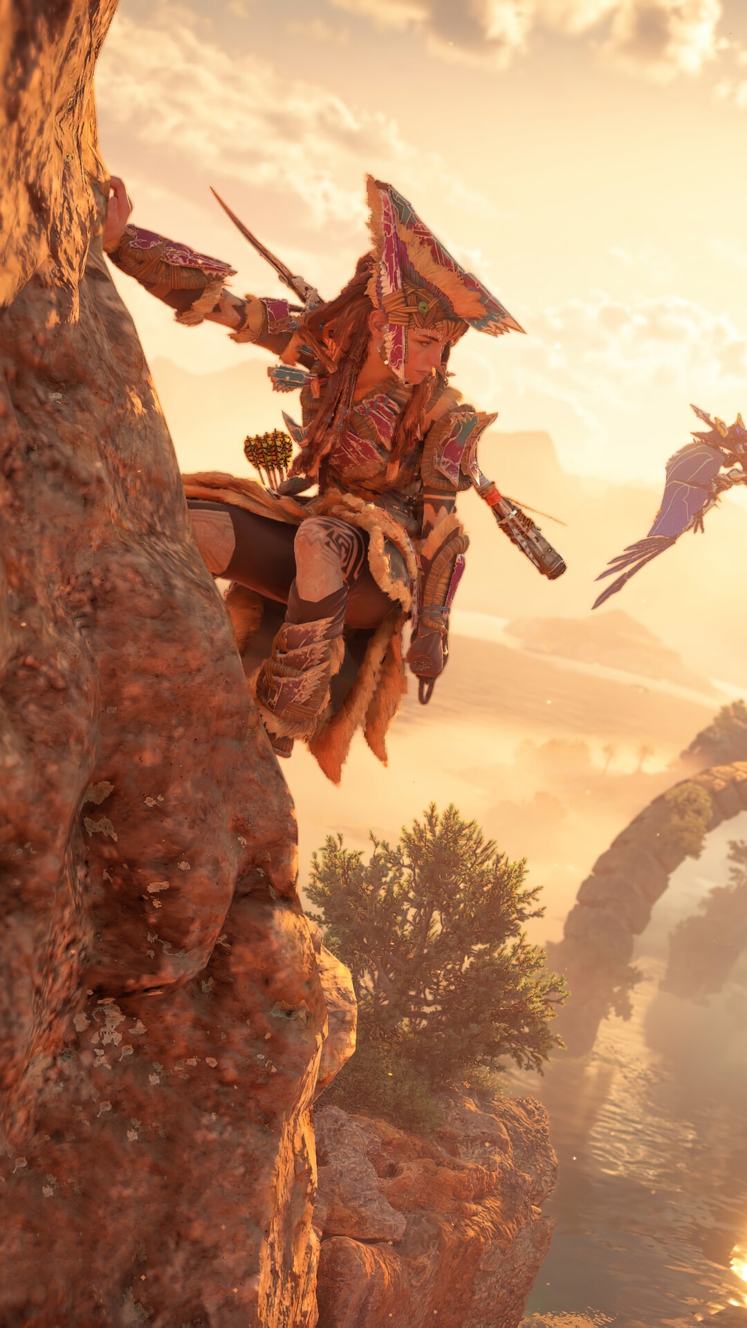Aloy from Horizon Forbidden West climbing a cliff HD Phone Wallpaper