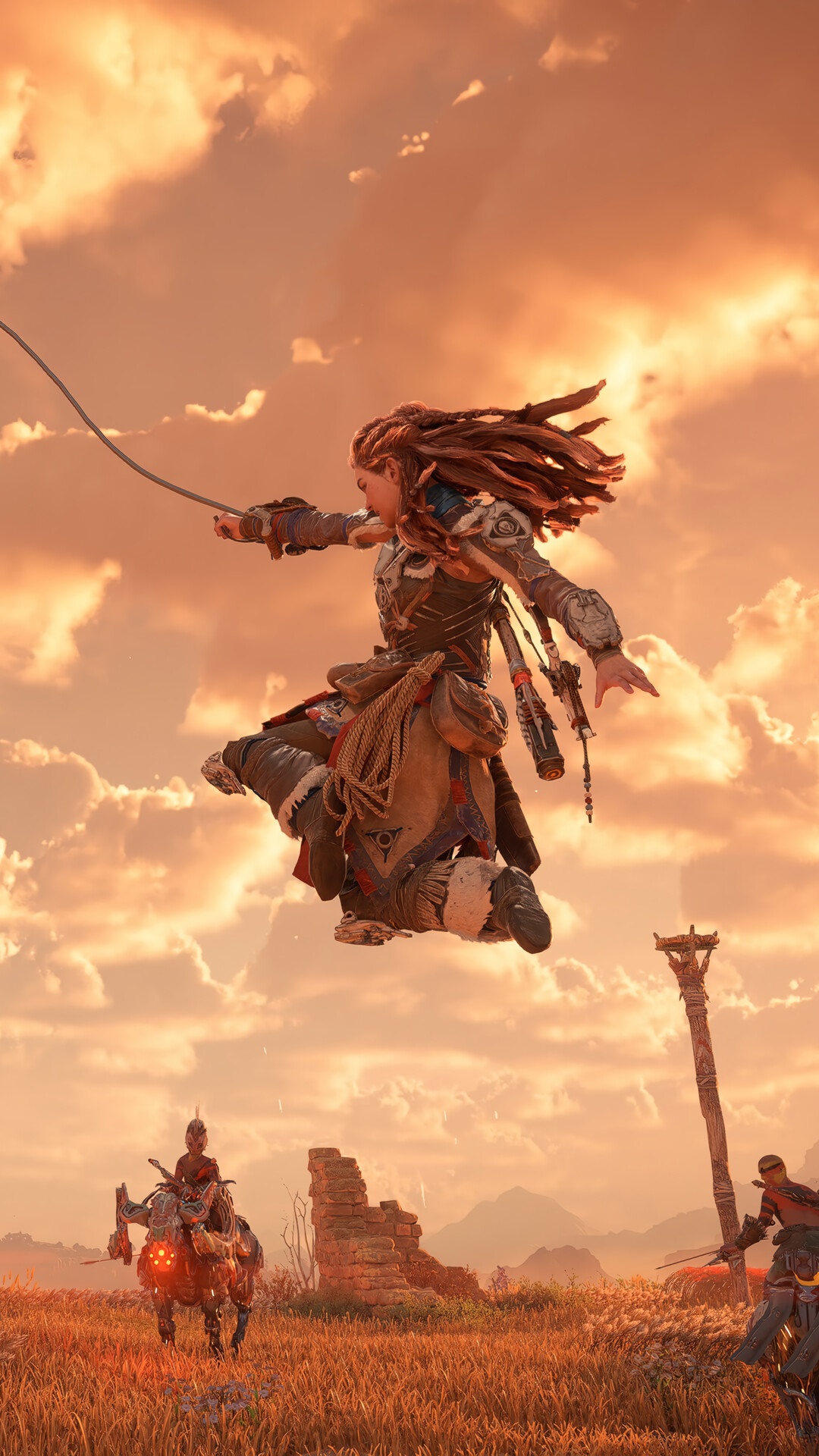 Aloy from Horizon Forbidden West jumping with a whip HD Phone Wallpaper