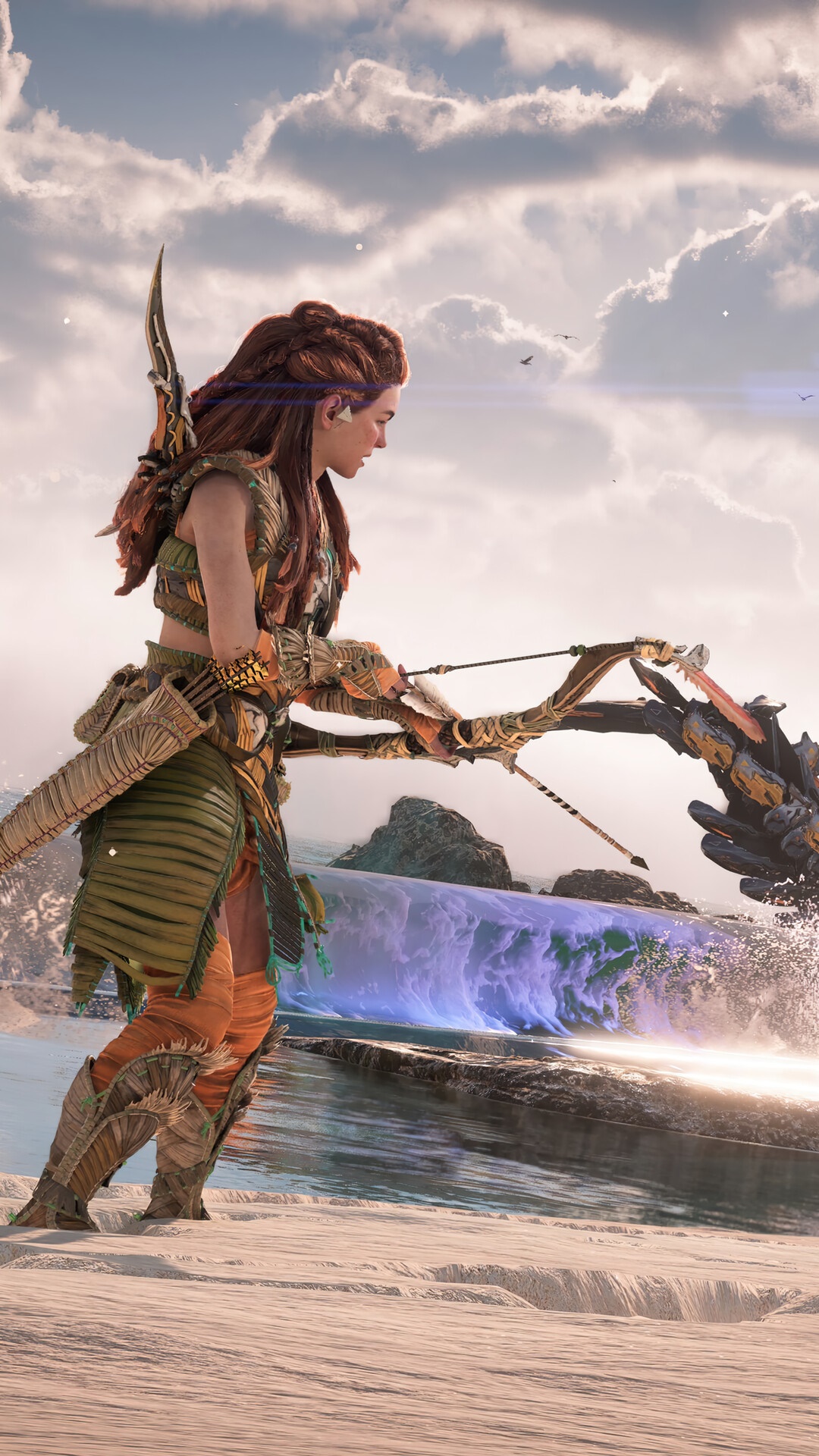 Aloy from Horizon Forbidden West on a beach HD Phone Wallpaper