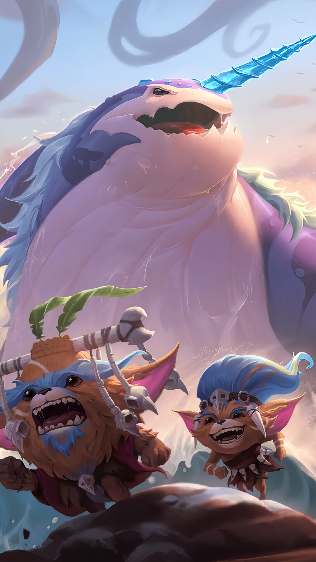 Narwhal creature with two yordles from Legends of Runeterra HD Phone Wallpaper