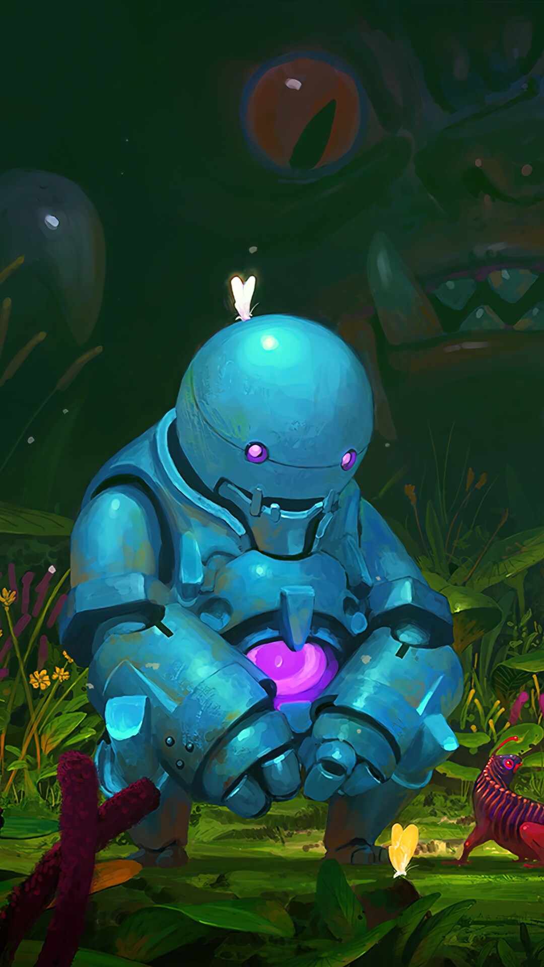 Robot with glowing heart in a forest HD Phone Wallpaper