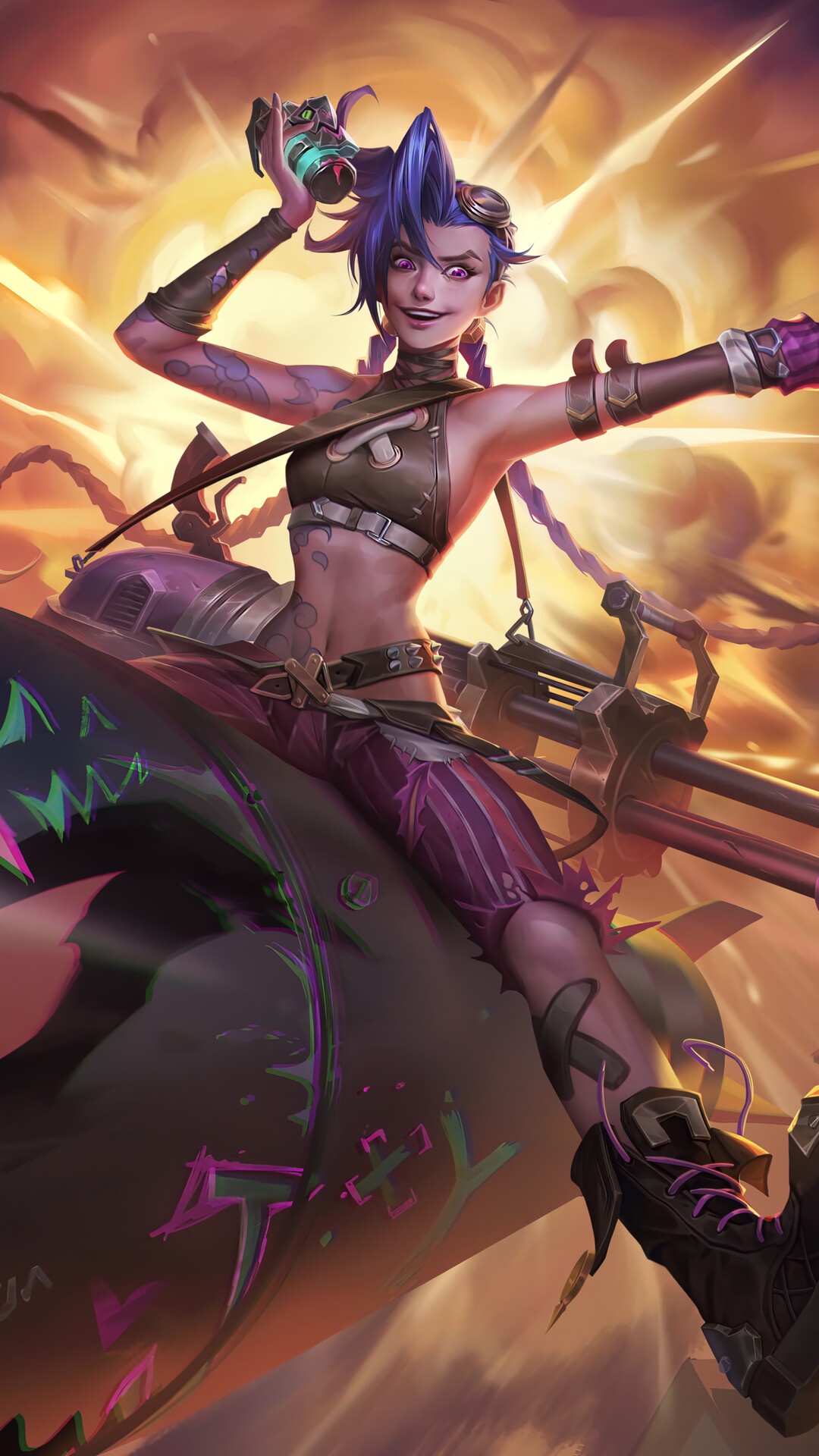Jinx from League of Legends riding a rocket HD Phone Wallpaper