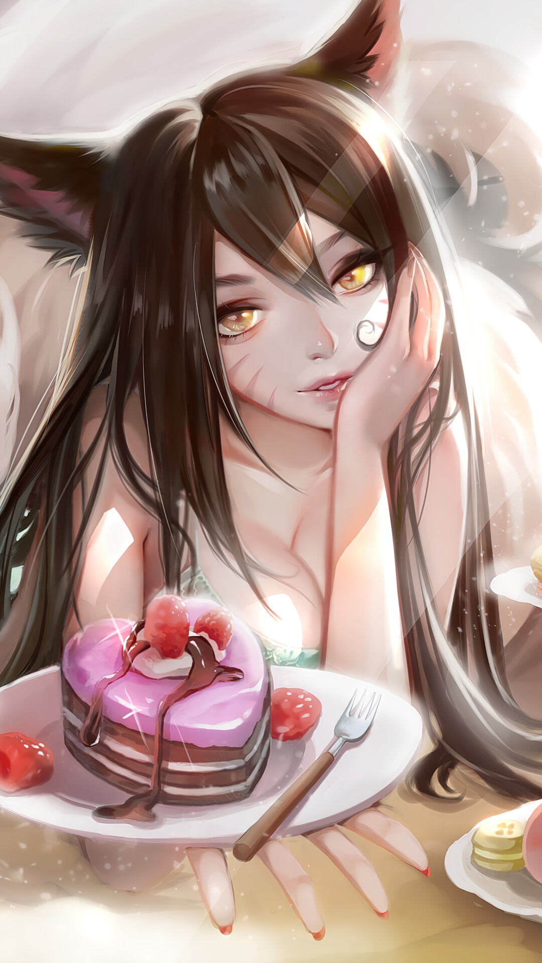 Ahri from League of Legends with a heart-shaped cake HD Phone Wallpaper