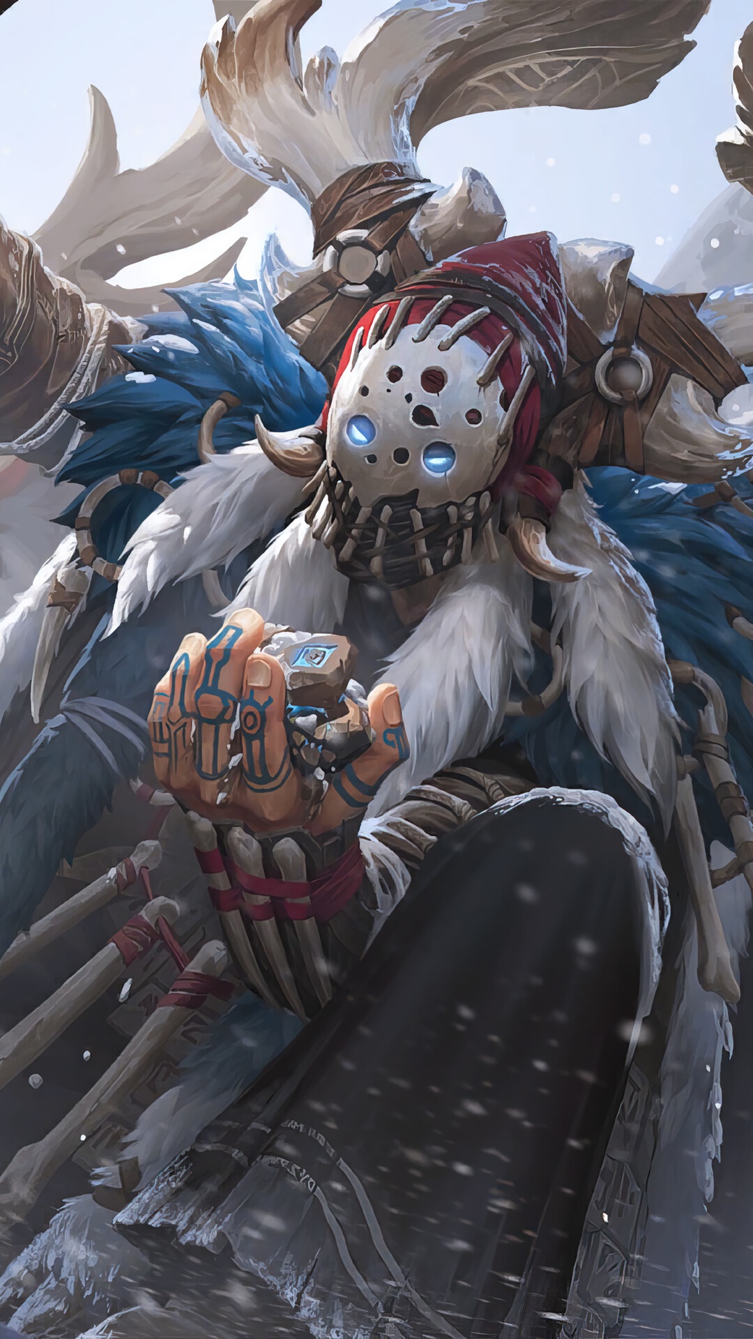 Freljord shaman with mask and antlers in Legends of Runeterra HD Phone Wallpaper