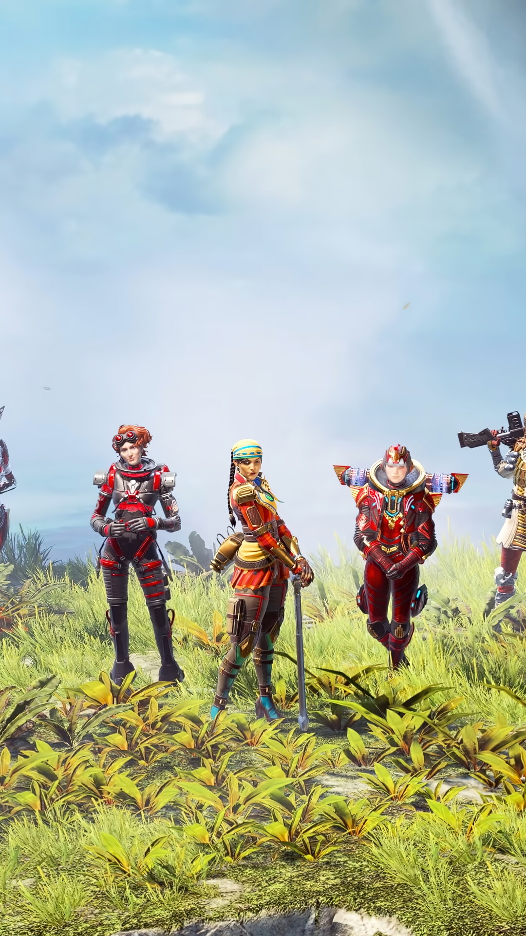 Characters from Apex Legends Defiance standing in a field HD Phone Wallpaper