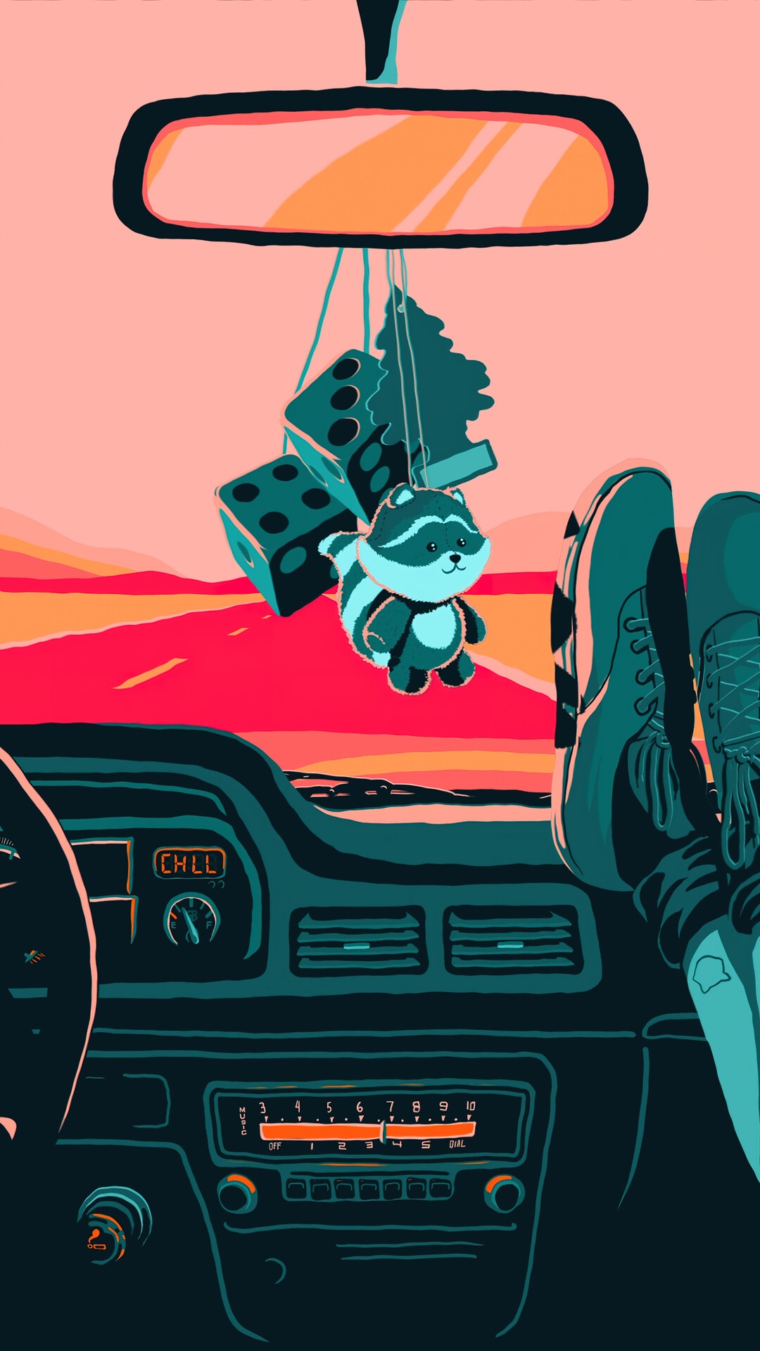 Car interior with dashboard, rearview mirror, and air fresheners HD Phone Wallpaper