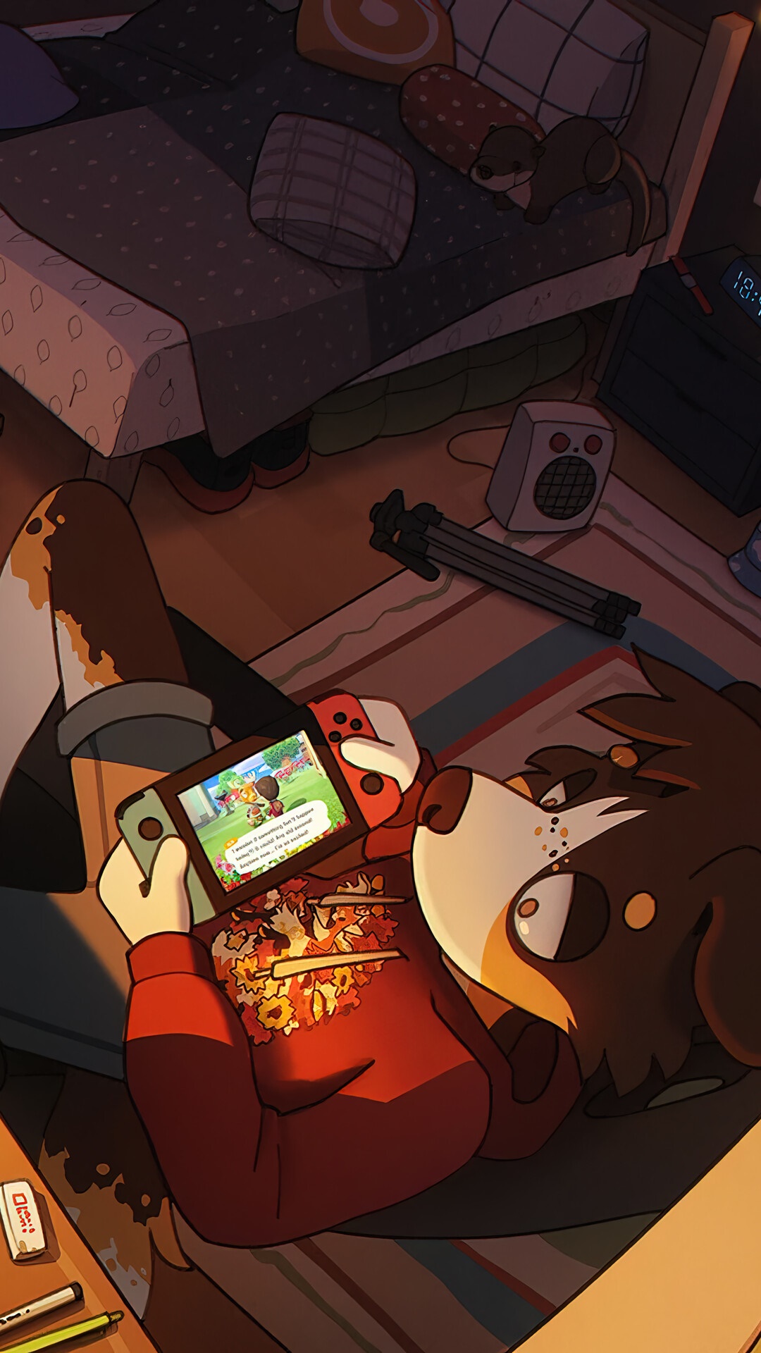 Anthropomorphic dog playing Nintendo Switch in a bedroom HD Phone Wallpaper