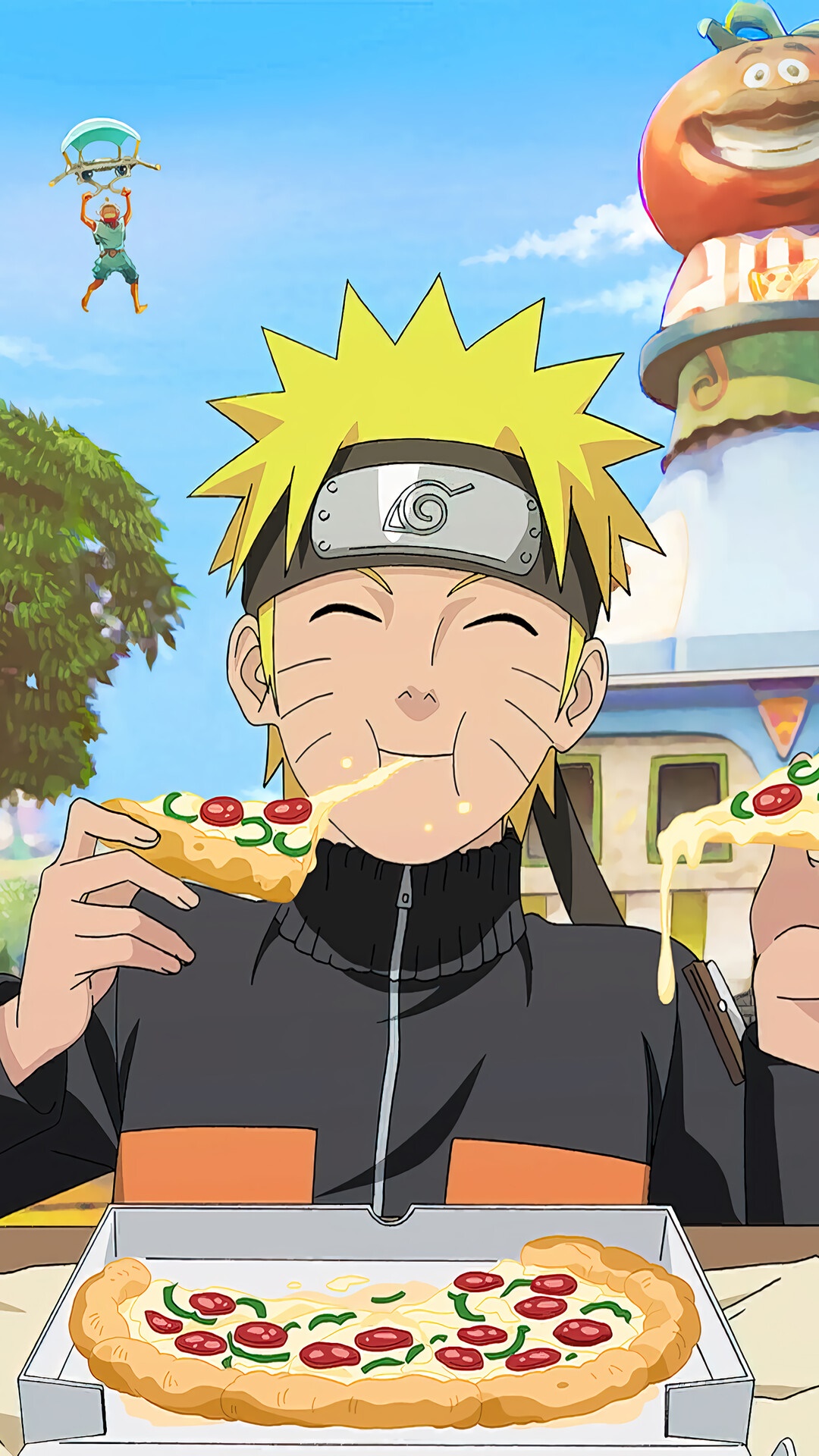 Naruto Uzumaki eating pizza with Fortnite elements HD Phone Wallpaper